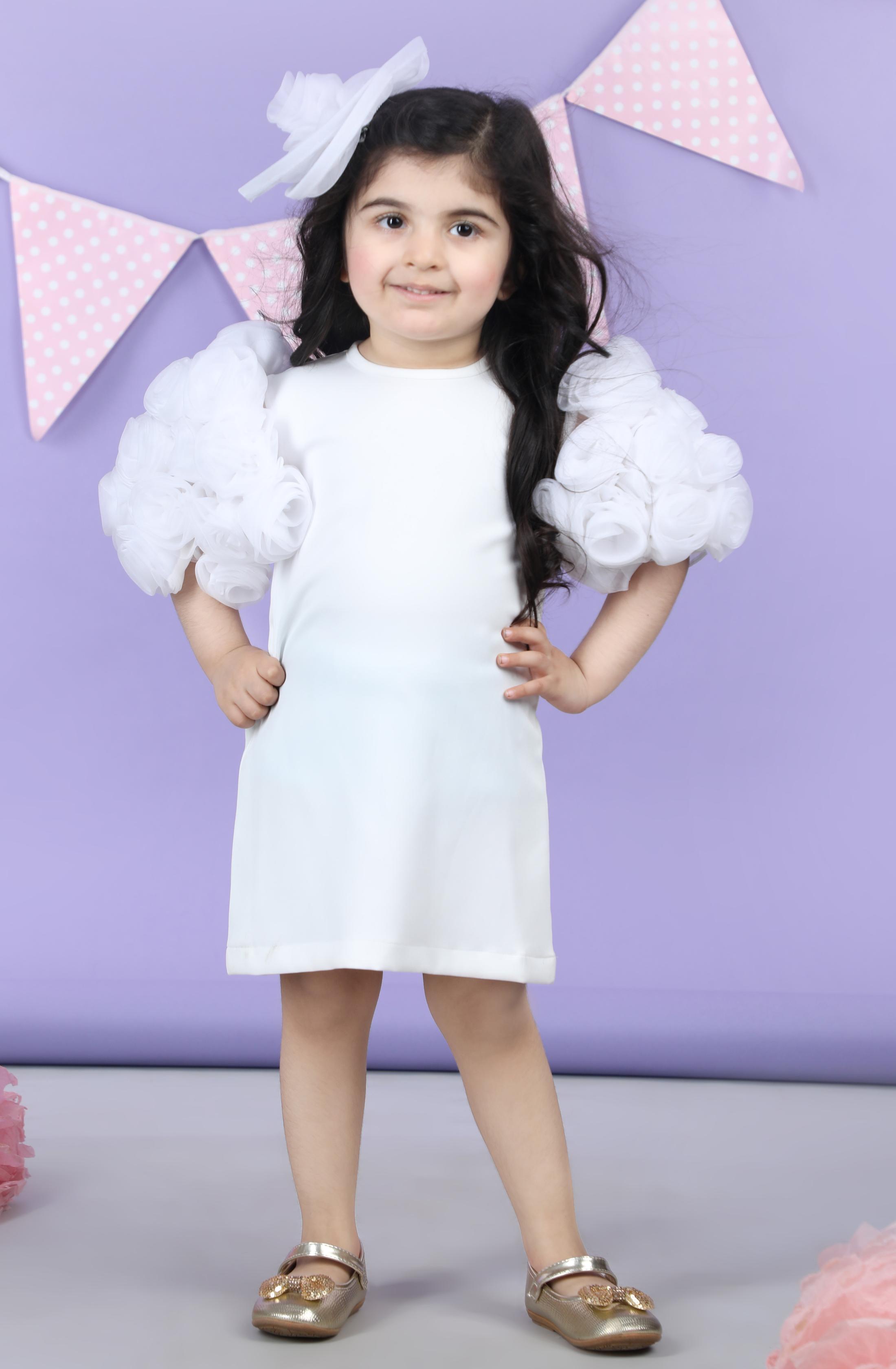 Straight Dress Embellisdhed With Bunch Of 3D Fabric Flowers In Sleeves