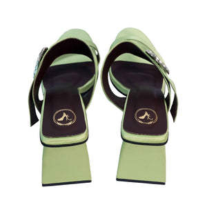Green Open Toe Faux Leather Dazzle Pistacio Block Heel