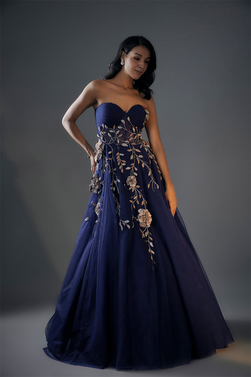 Navy Blue 3D Embroidered Gown