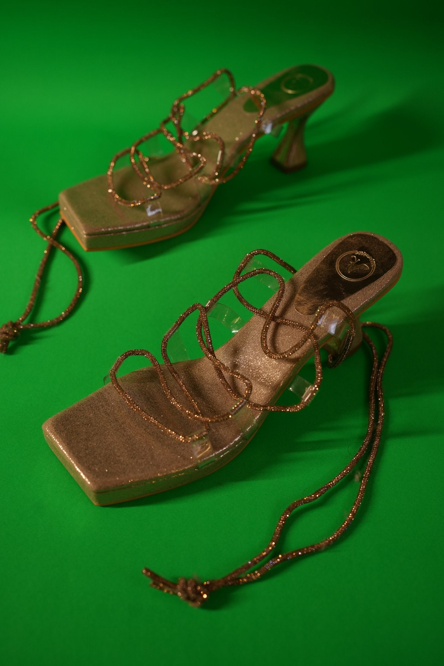 Champagne Gold Stringy Shoe Lace Elevated Heel Sandal