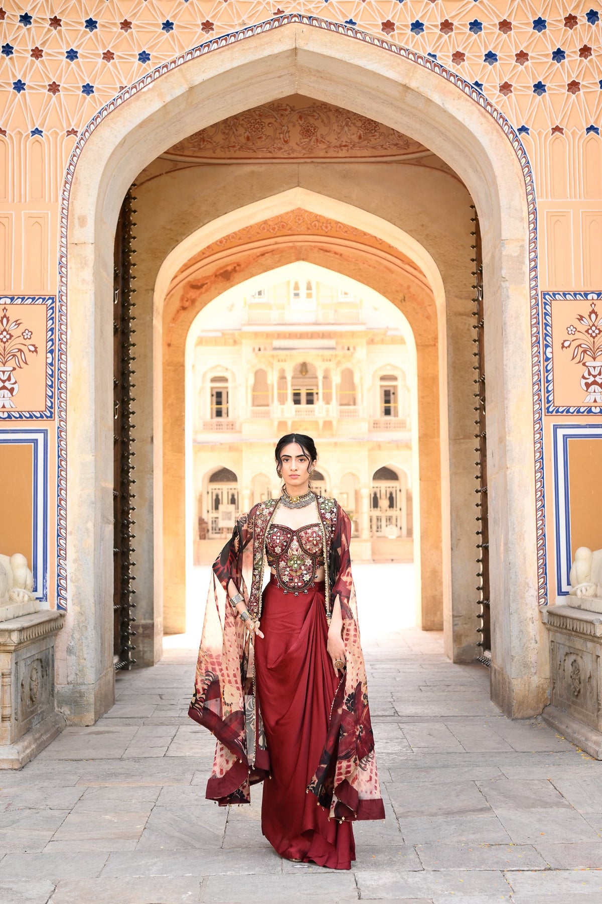 Maroon Dhoti Skirt + Bralatte Emb + Cape