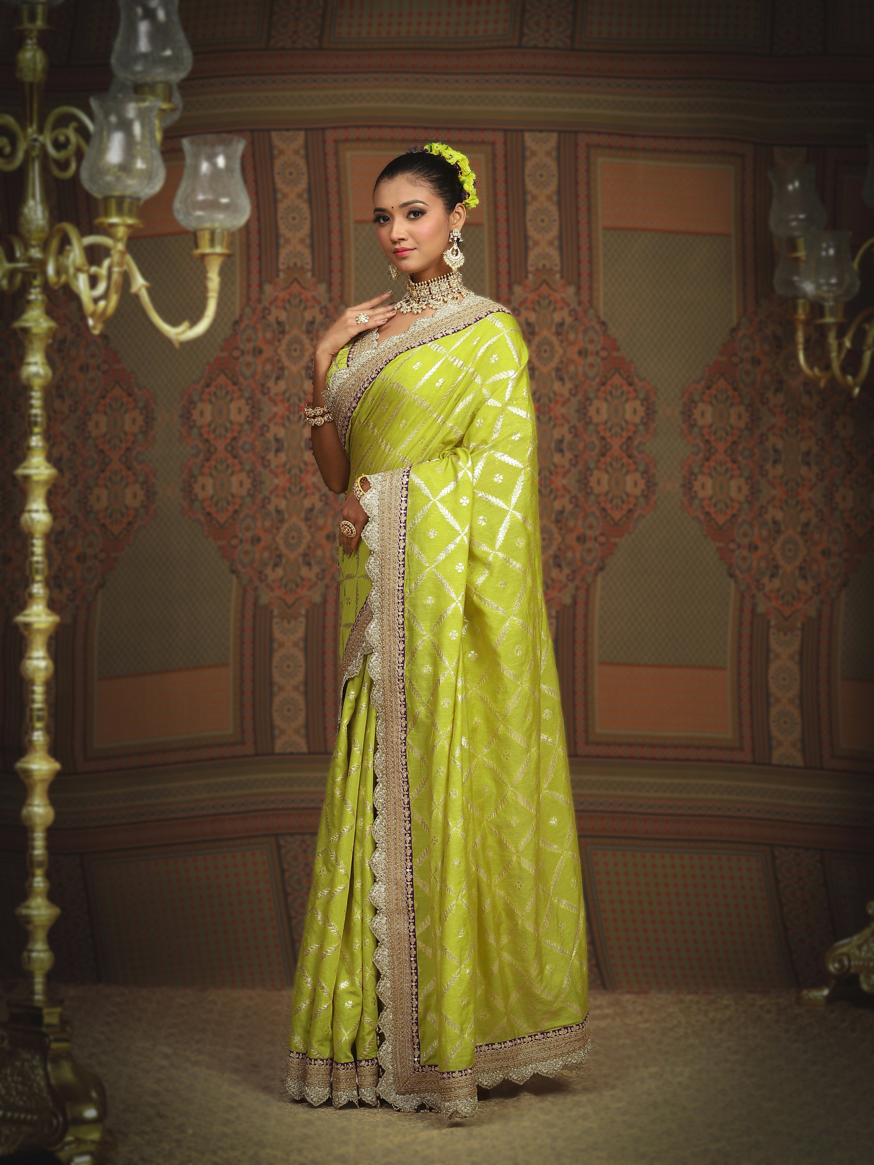 Lemon Green And Purple Saree & Blouse Set