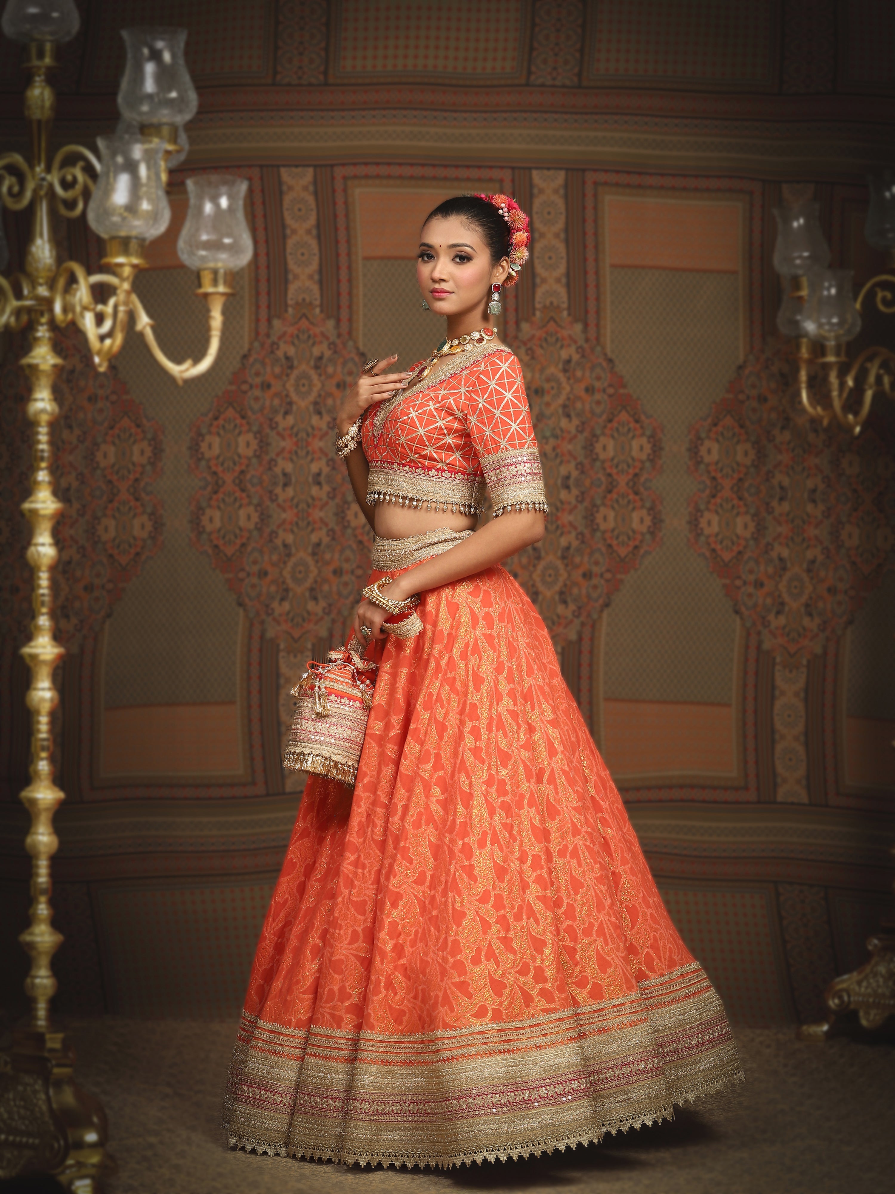 Orange And Rani Pink Lehenga Set