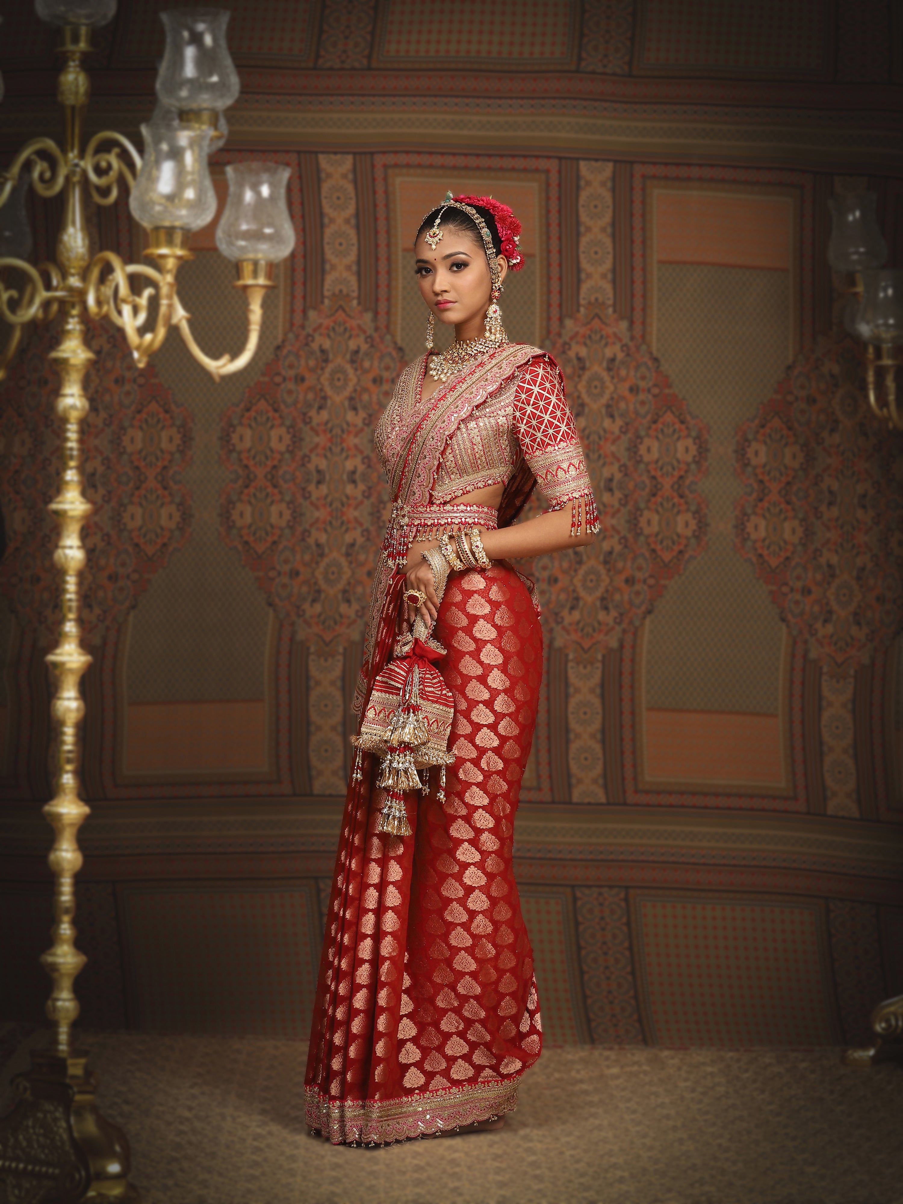 Red And Rani Guccha Saree & Blouse Set