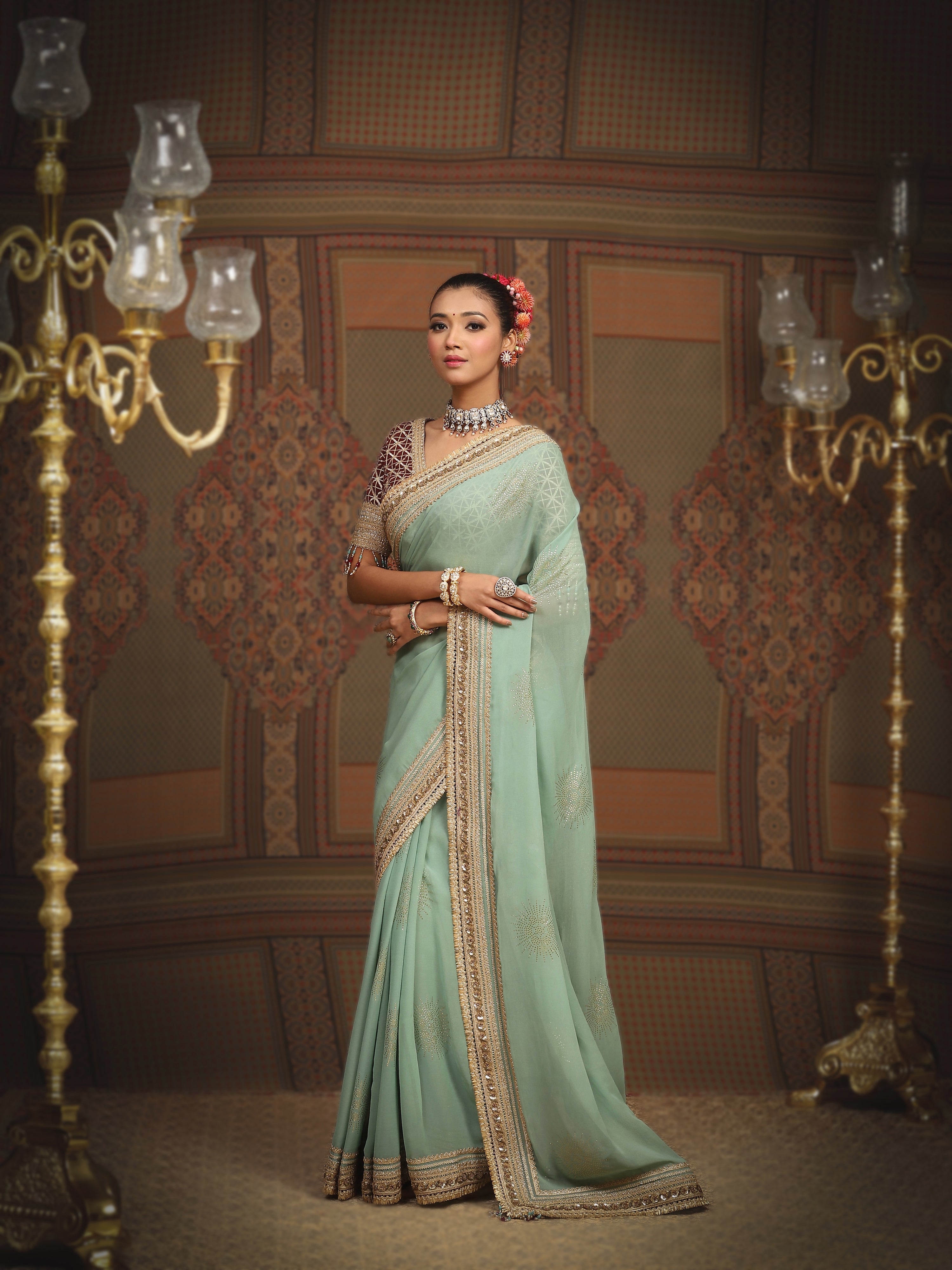 Dusty Light Turquoise Green And Maroon Saree & Blouse Set