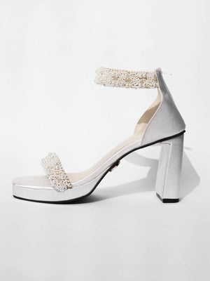 White Open Toe Narrow Fit Kushi Pearls Elevated Heels