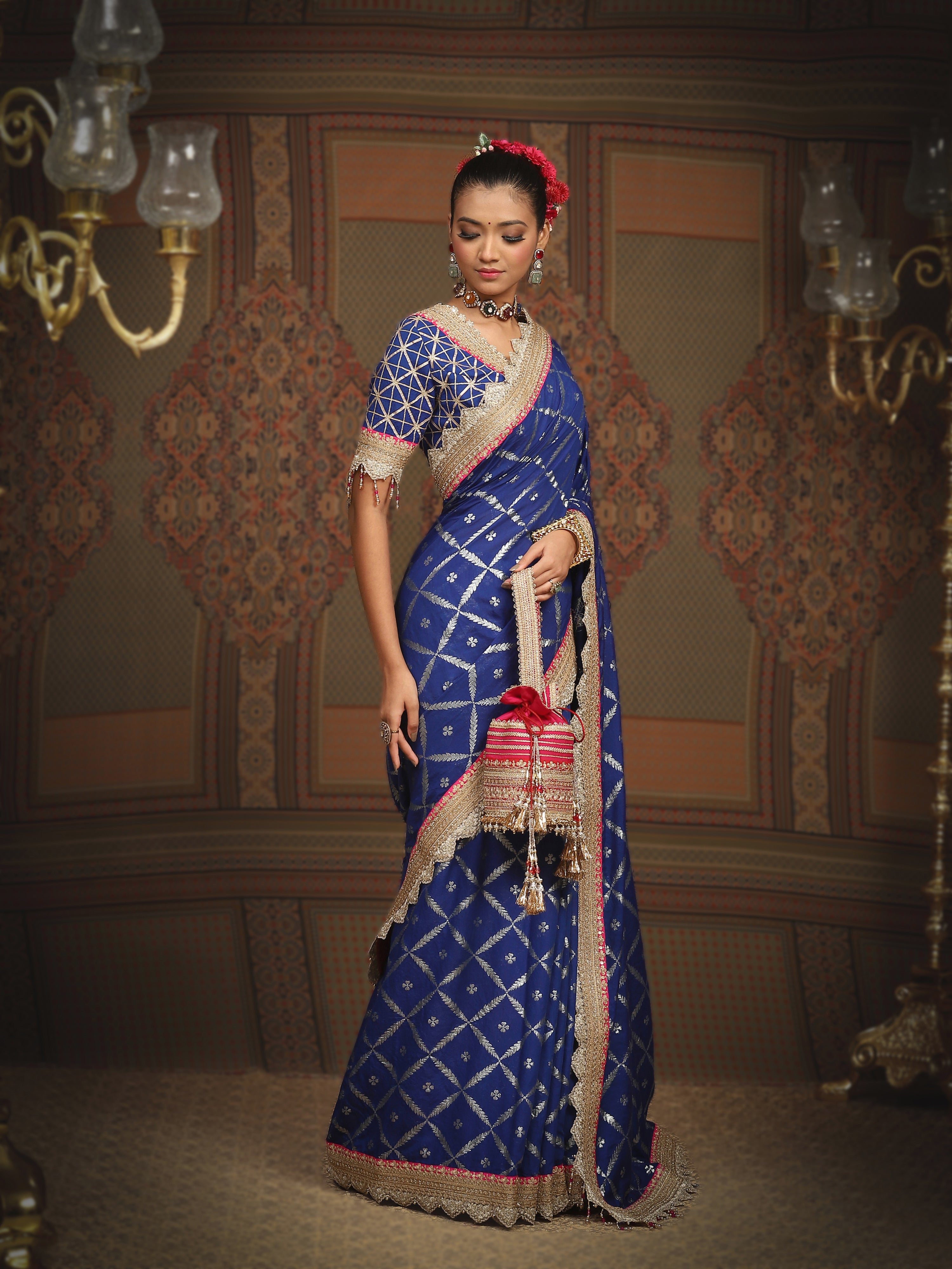 Electric Blue And Rani Pink Saree & Blouse Set