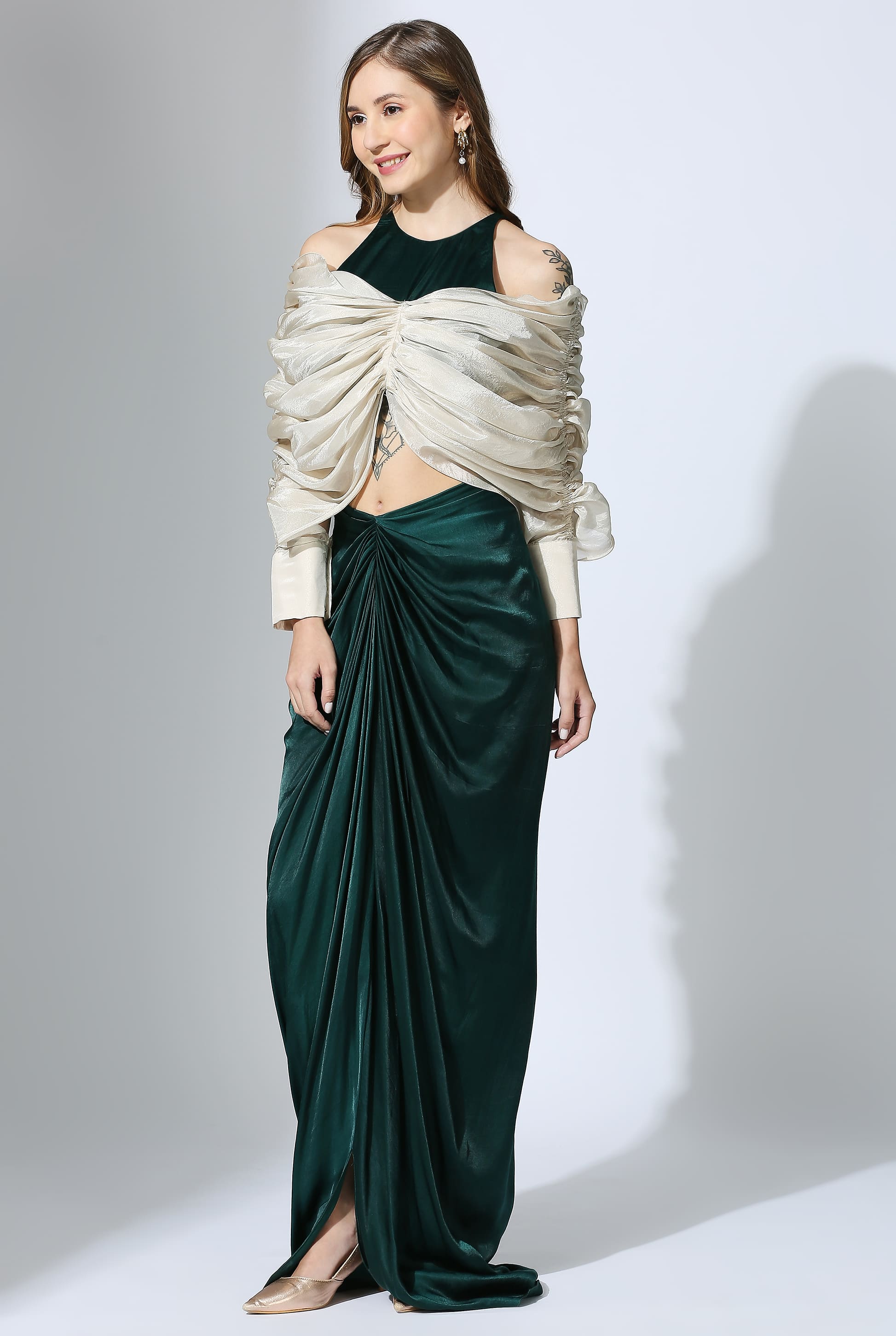 Bottle Green Drape Skirt Set With Tissue Blouse