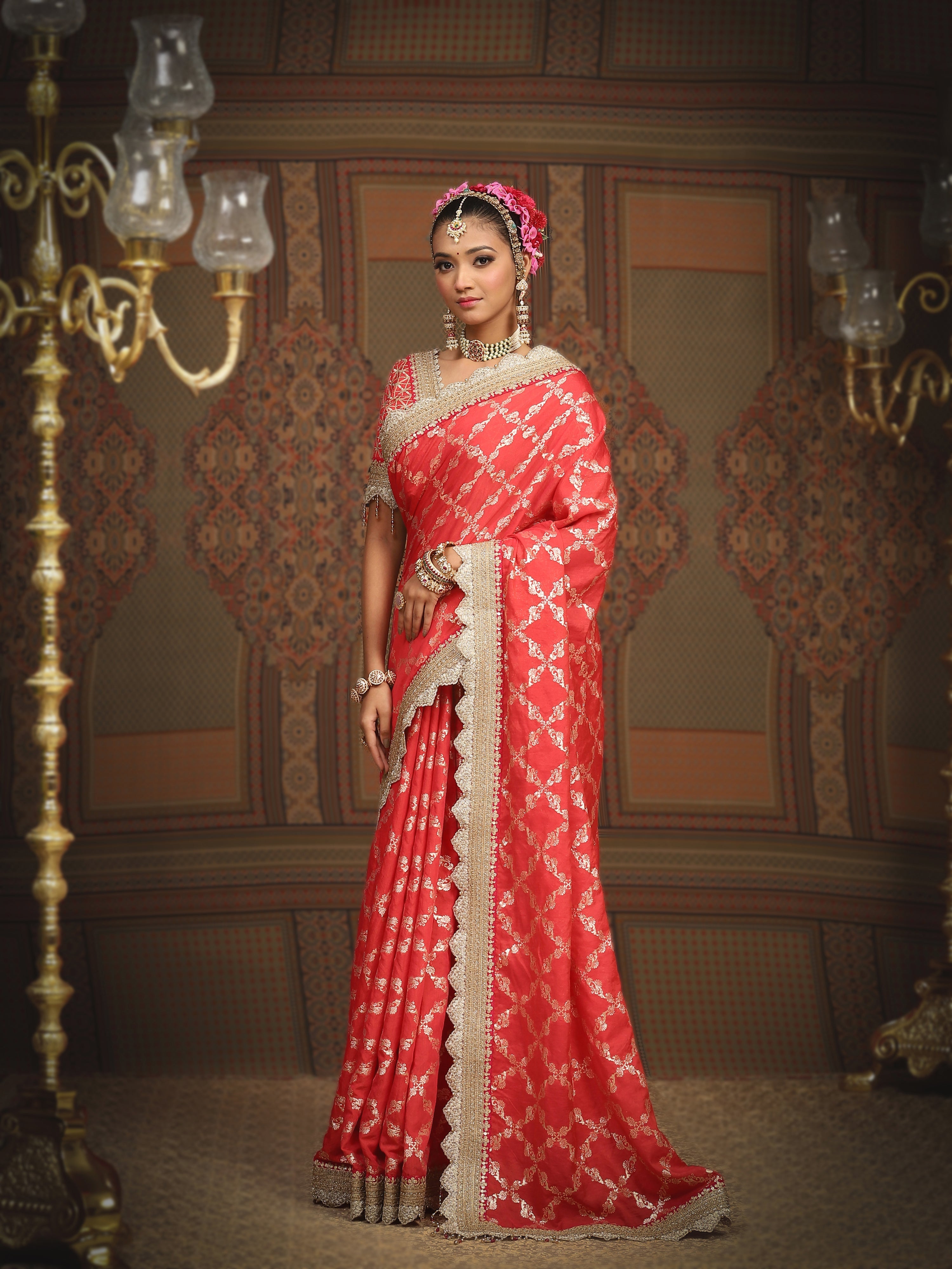 Watermelon Red And Red Saree & Blouse Set