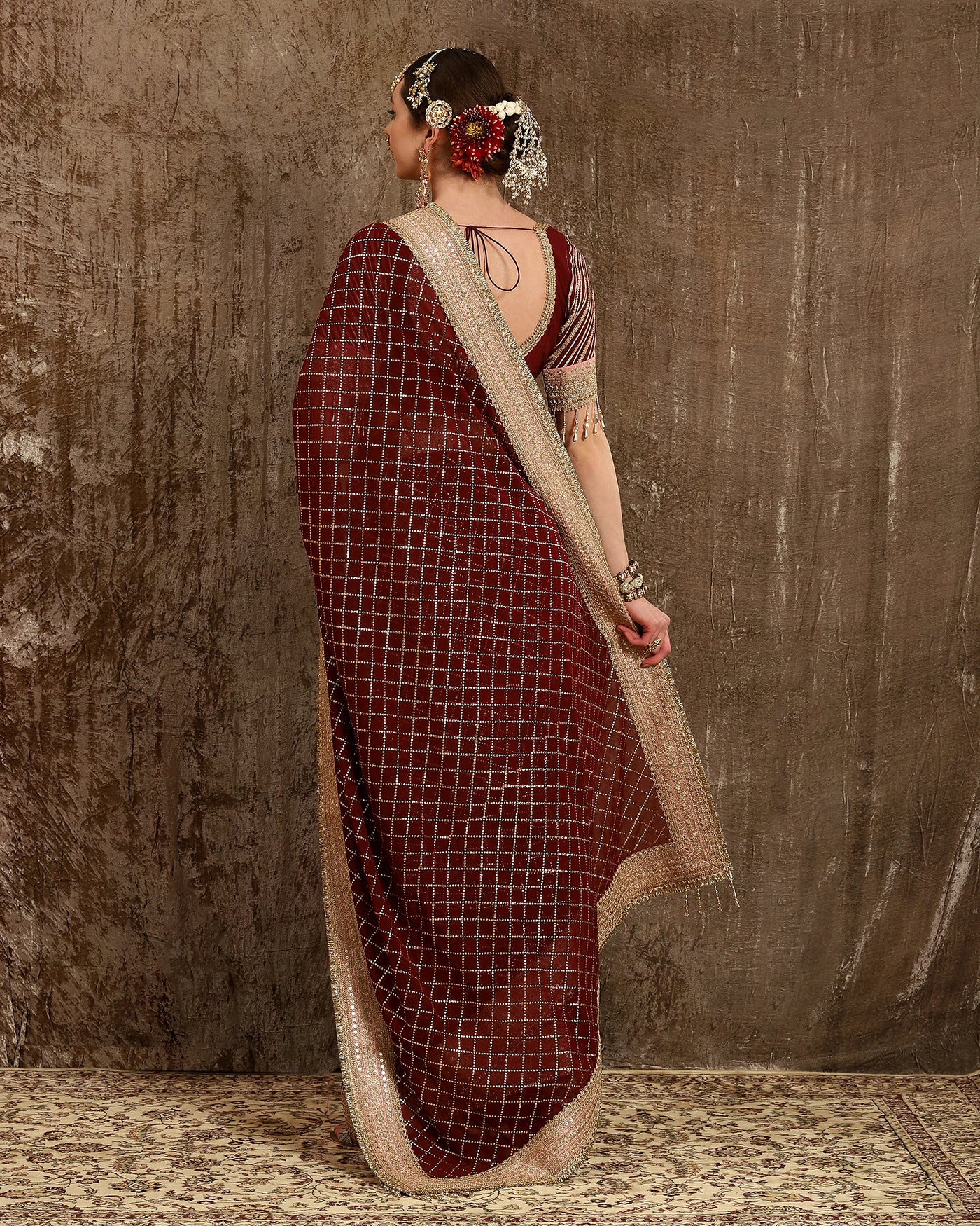 Baby Pink & Maroon Saree & Blouse Set