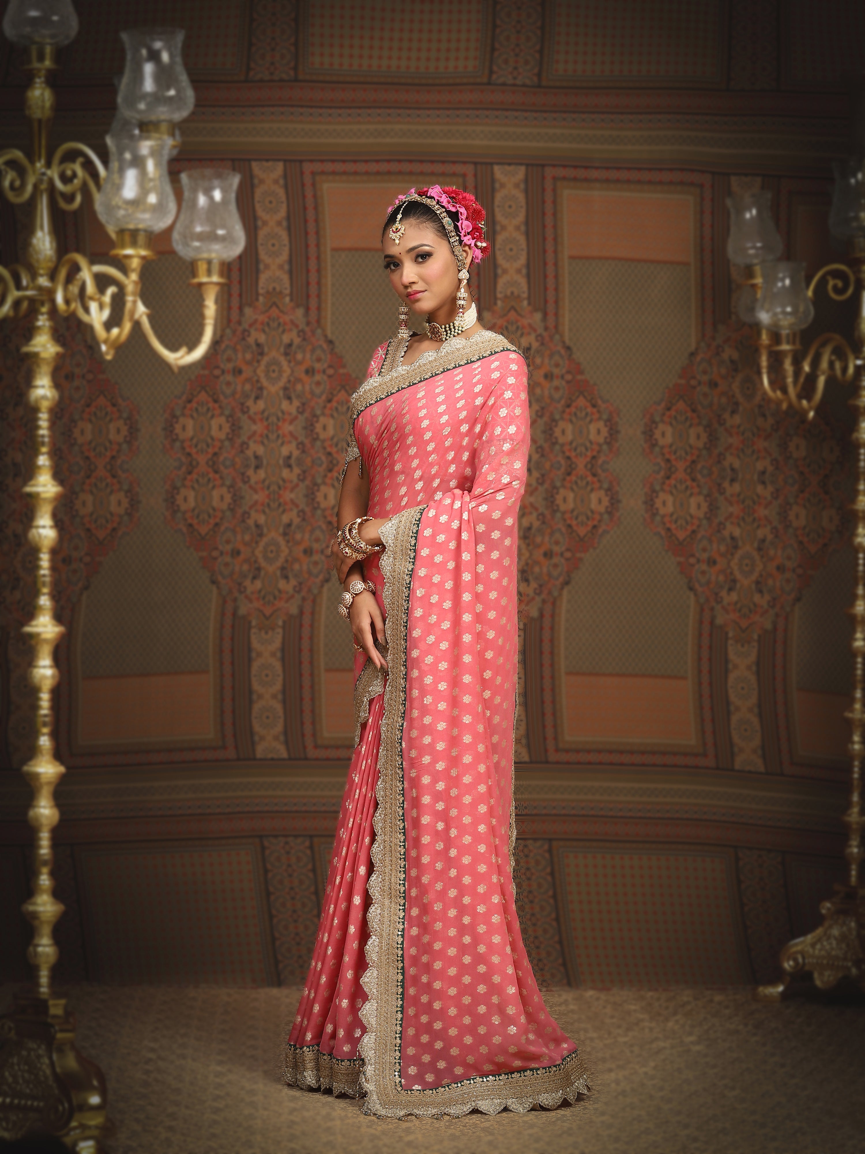 Rouge Pink And Emerald Green Saree & Blouse Set