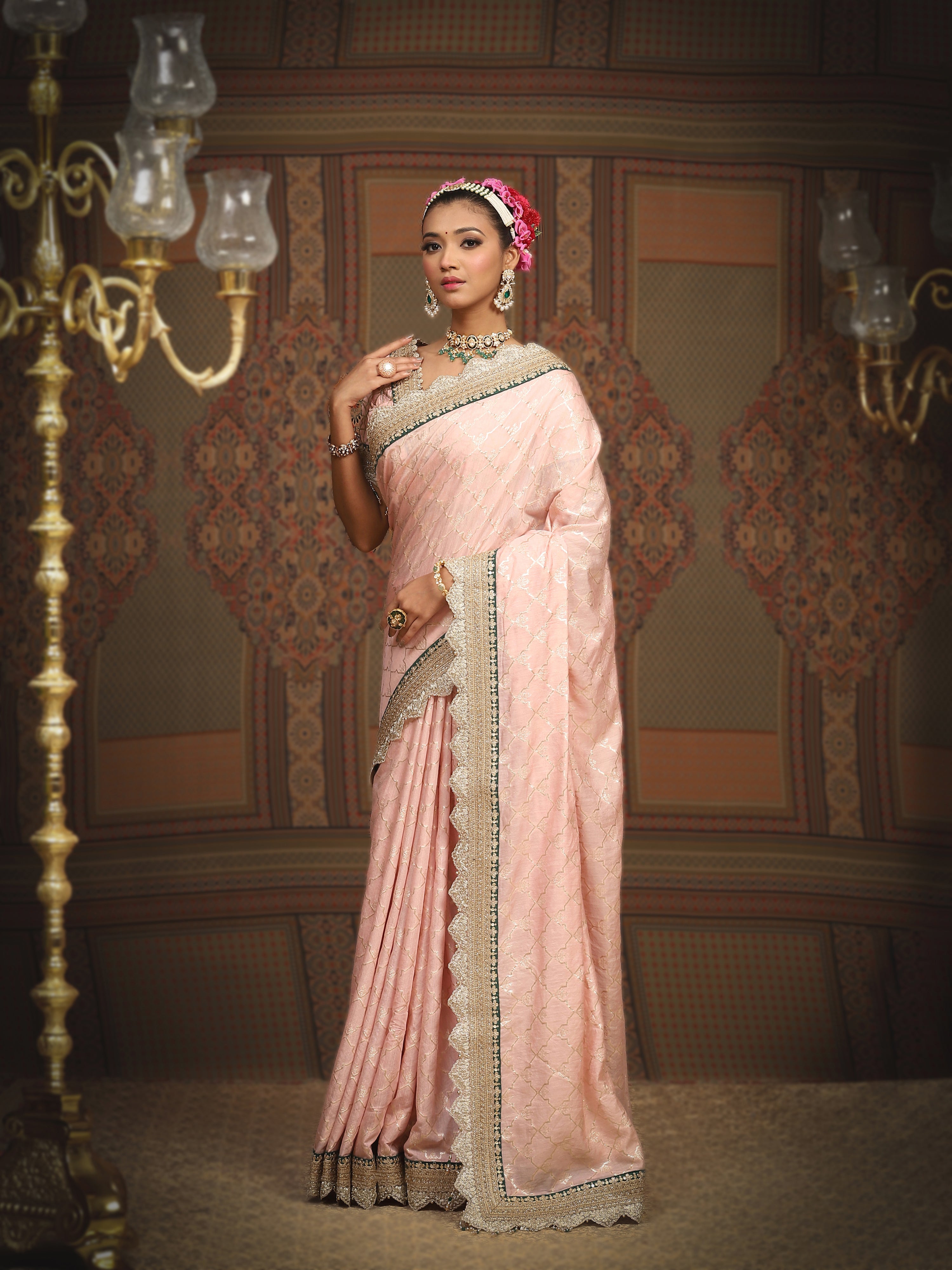 Baby Pink And Emerald Green Saree & Blouse Set