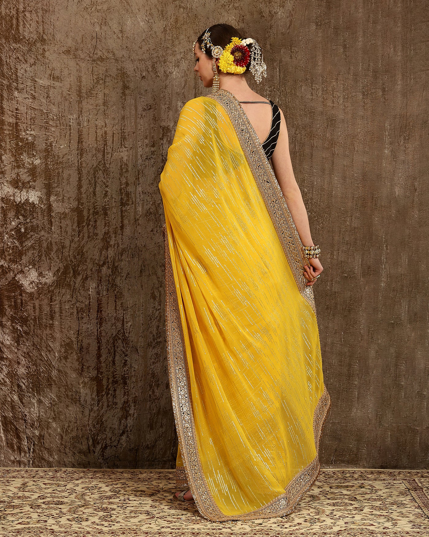 Yellow & Black Saree & Blouse Set