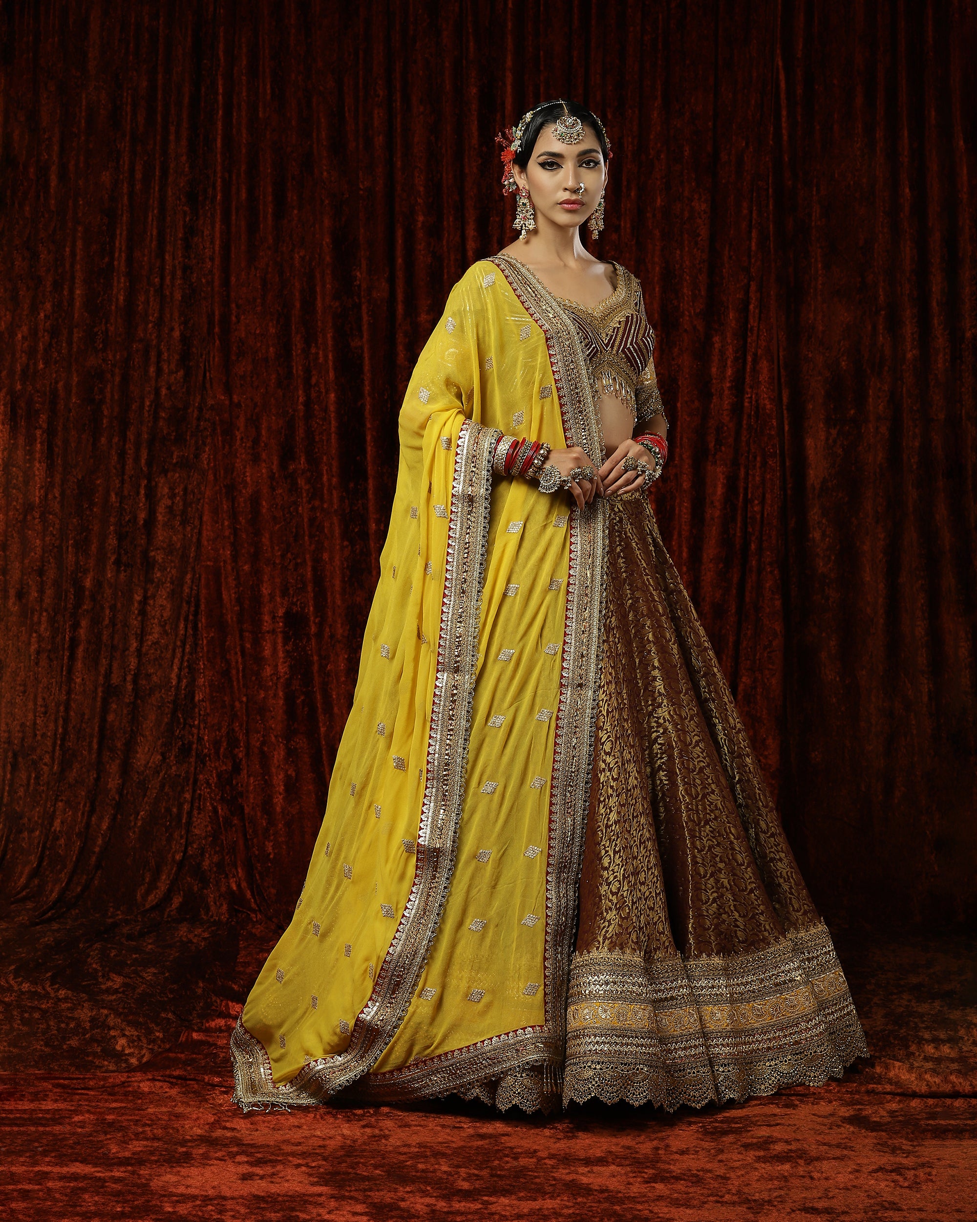 Lemon Yellow & Maroon lehenga set