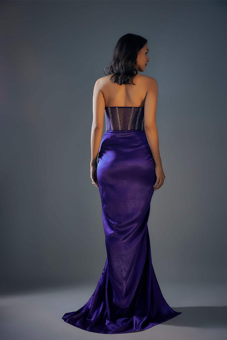 Blue Haulter Neck Embroidered Corset Gown