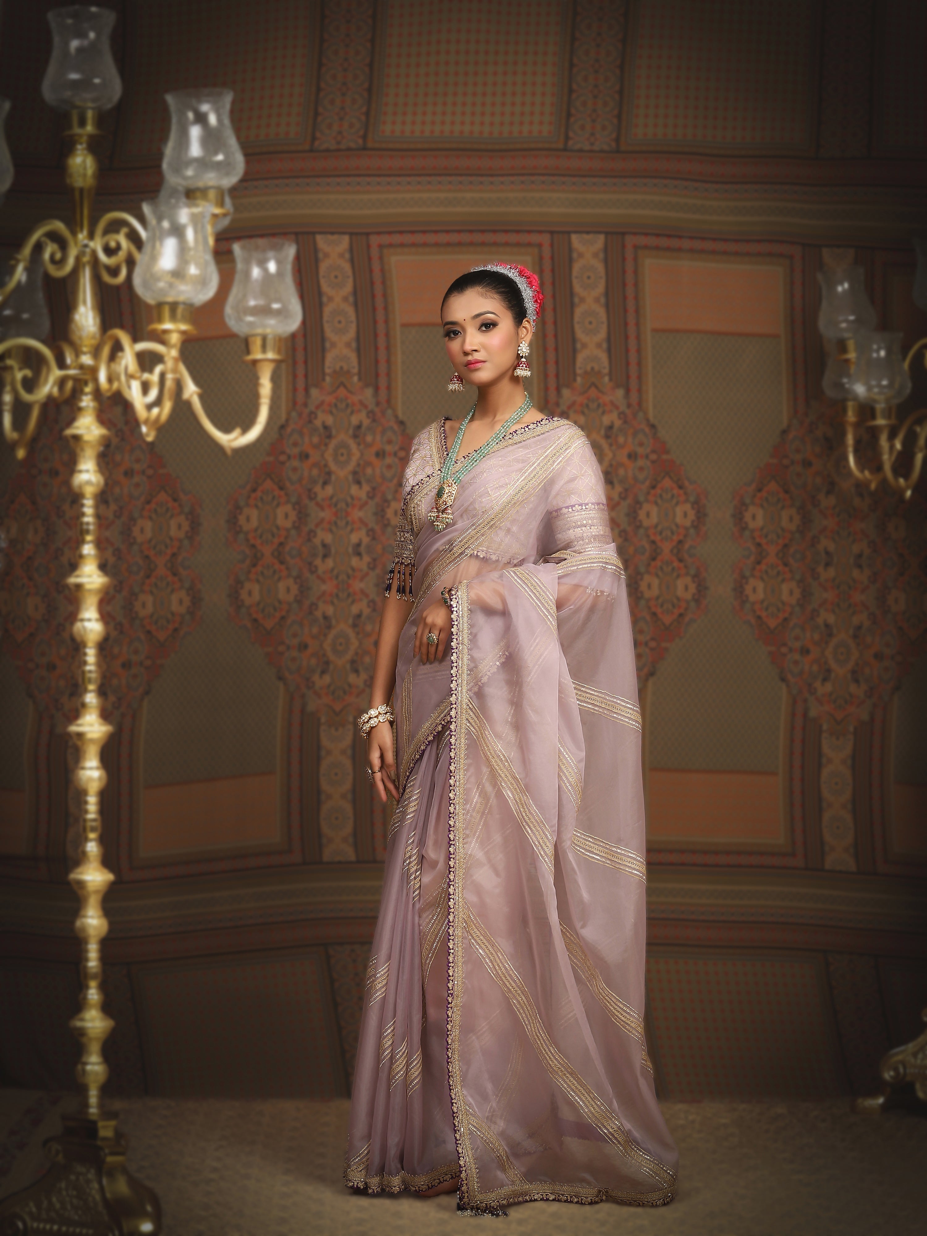 Light Purple And Dark Purple Saree & Blouse Set