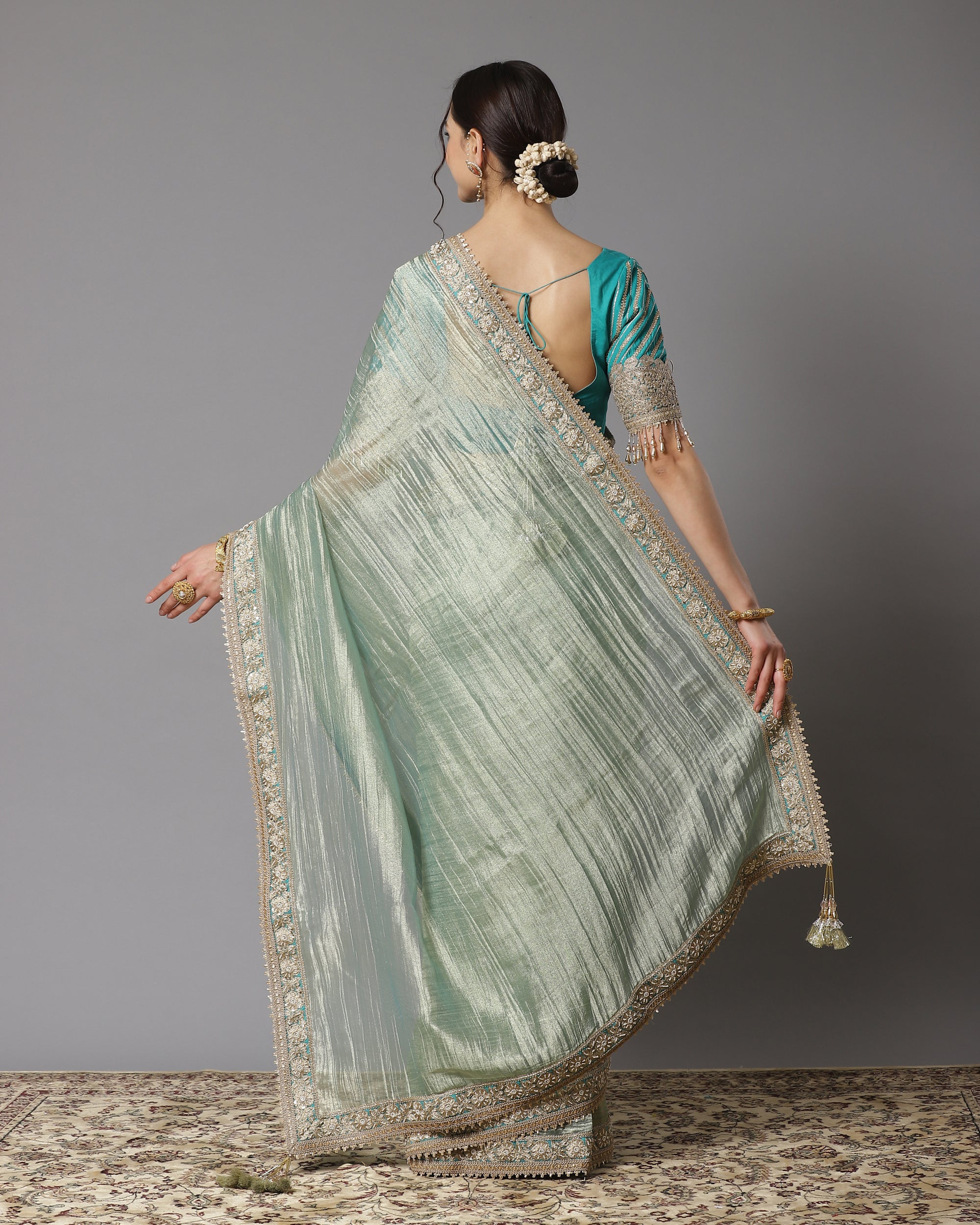 Gold & Firozi Saree & Blouse Set