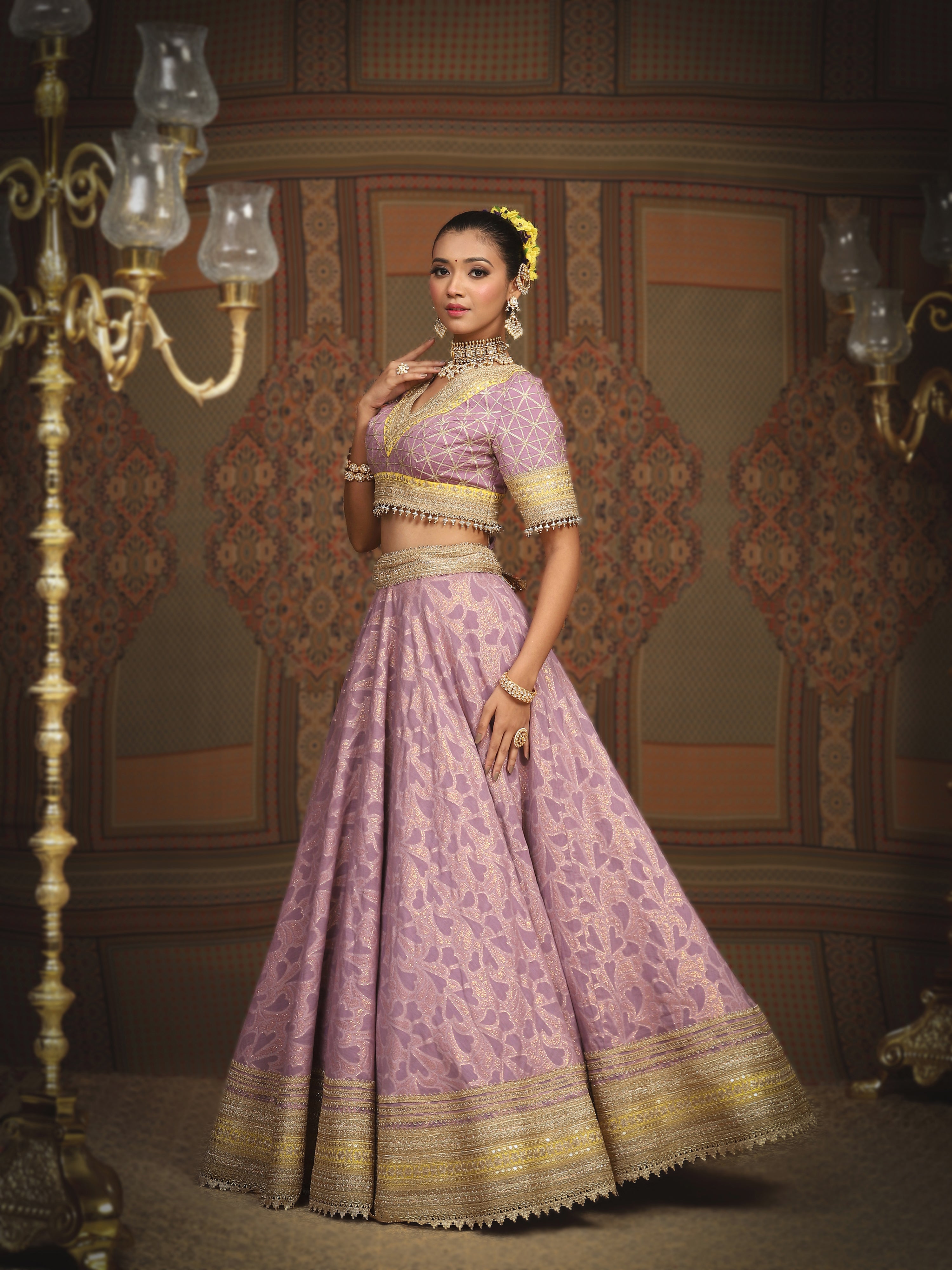 Light Purple And Lemon Yellow Lehenga Set