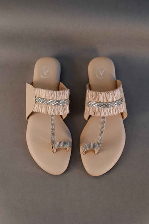 Beige Stringy Kolhapuri Open Toe Kitten Heel Sandal