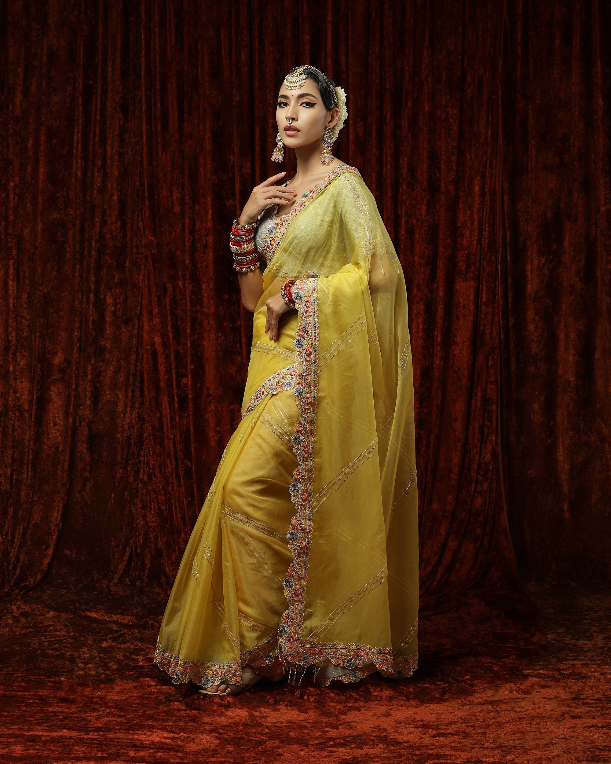 Yellow & Gray Saree & Blouse Set