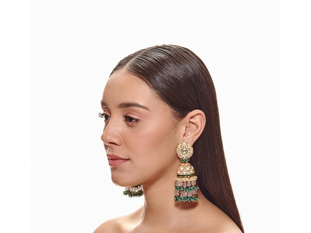 Pink, Green And Gold Kundan Jhumkas