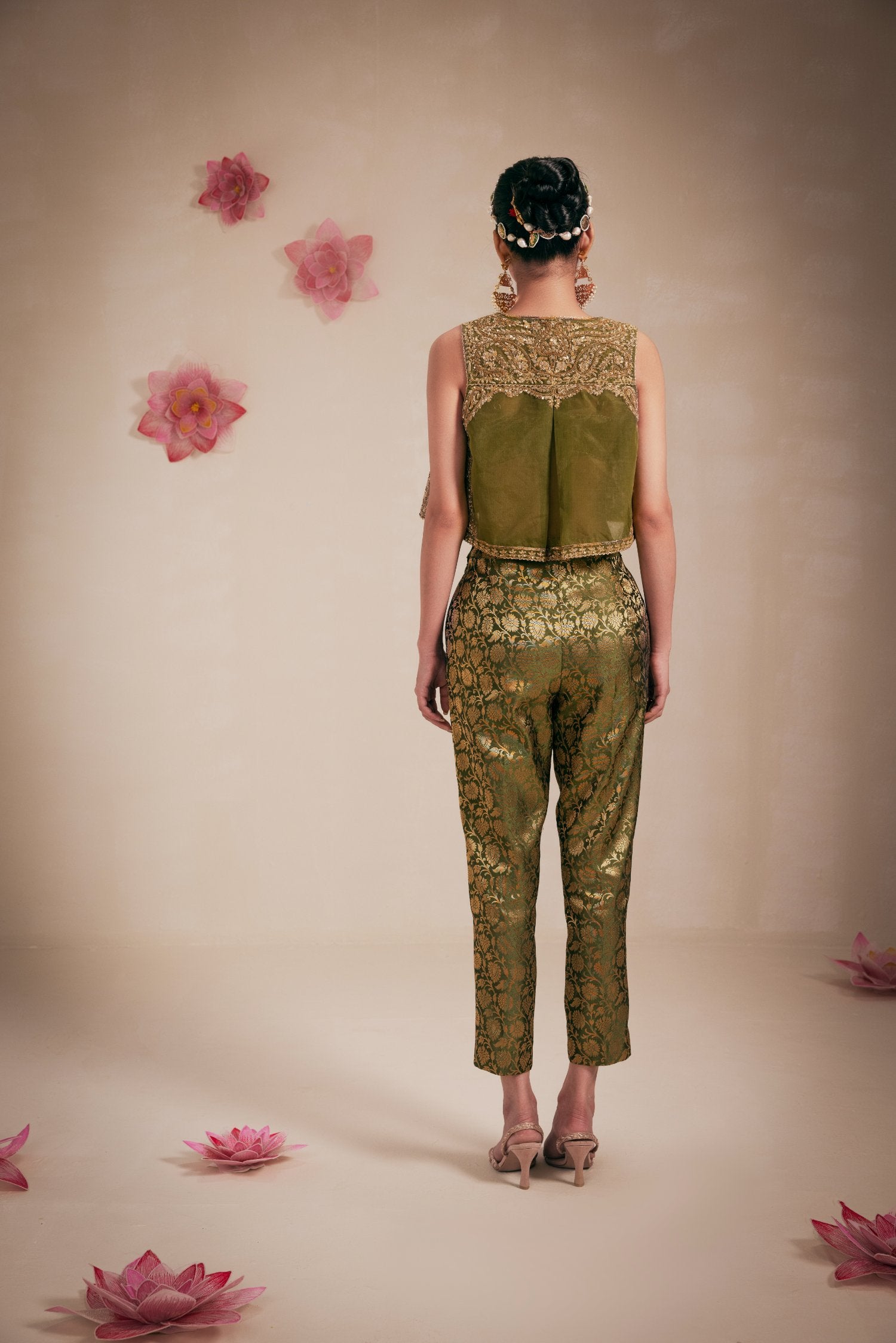 Olive Green Fully Embellished Crop Jacket Set