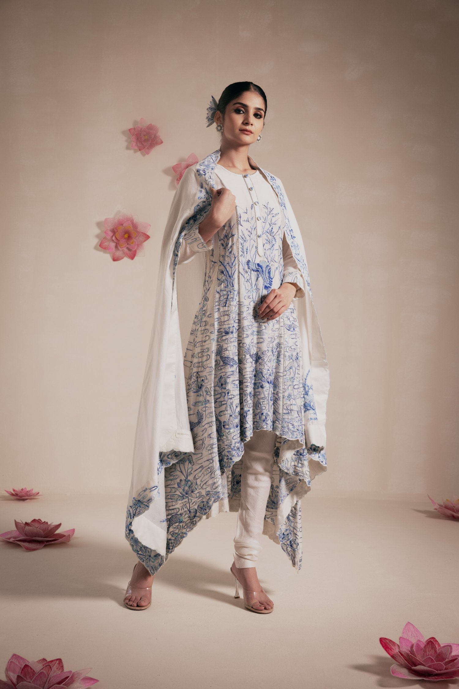 Blue Chanderi High Low Anarkali With Churidar