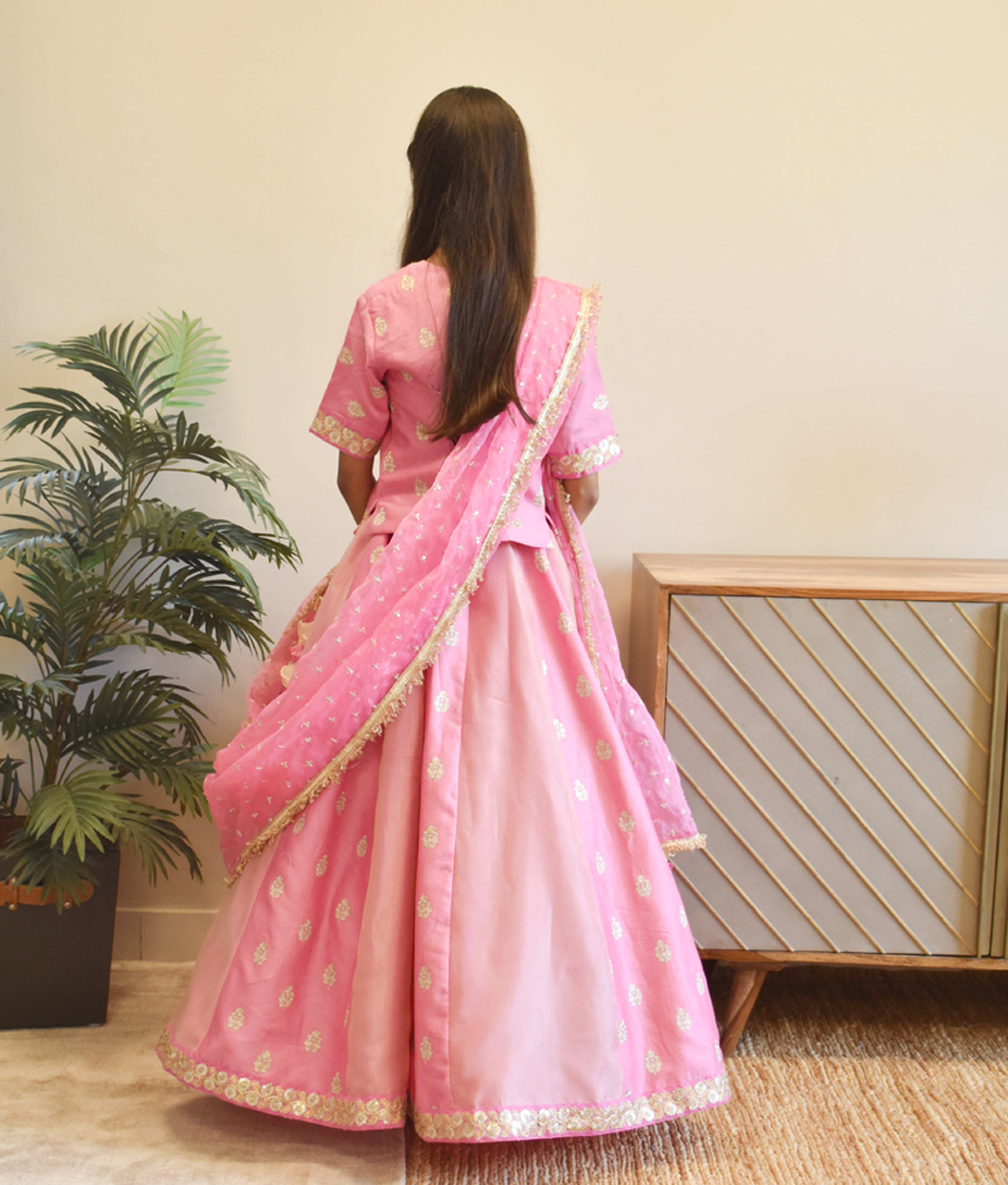 Pink Chanderi Choli with Lehenga