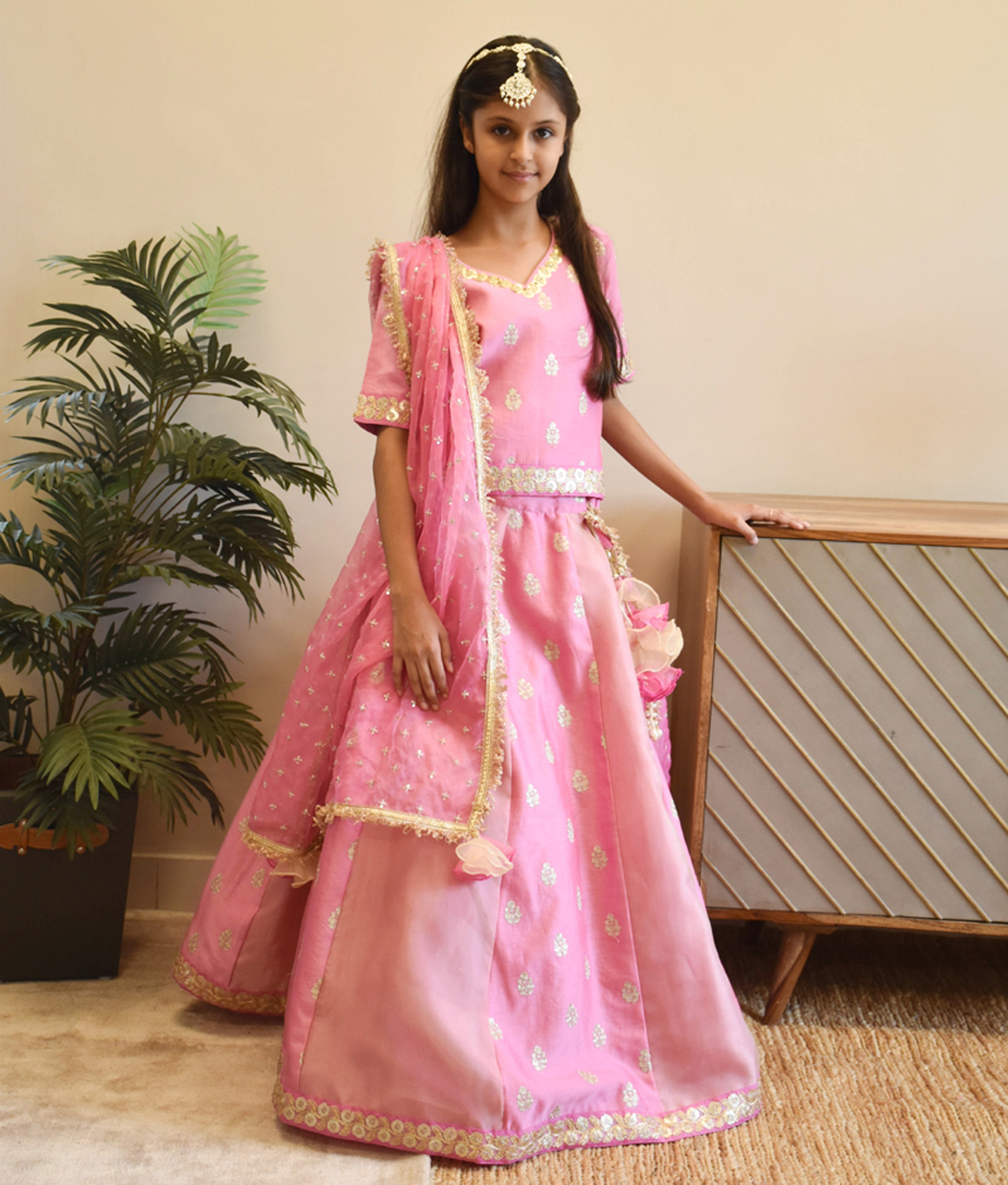 Pink Chanderi Choli with Lehenga