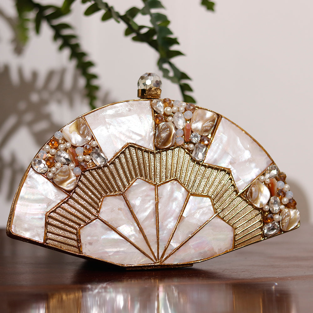 THE TAN CLAN Pankh Golden Brass Mother of Pearl Clutch