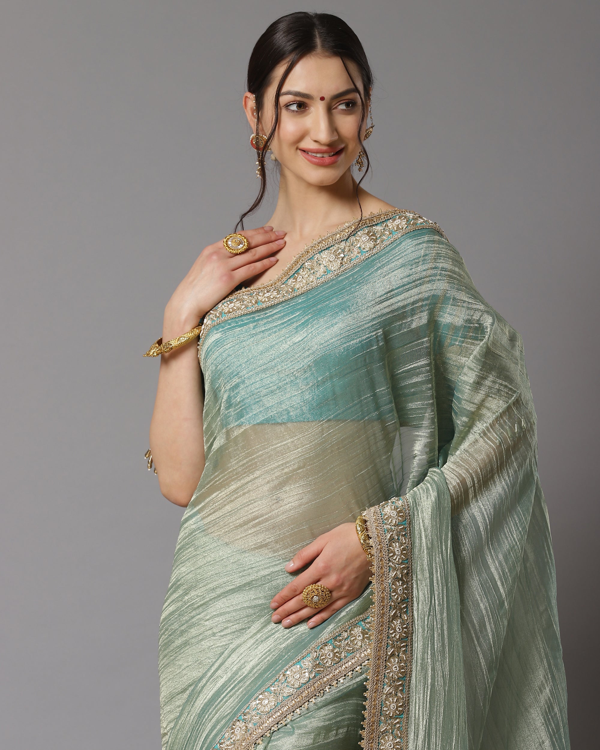 Gold & Firozi Saree & Blouse Set