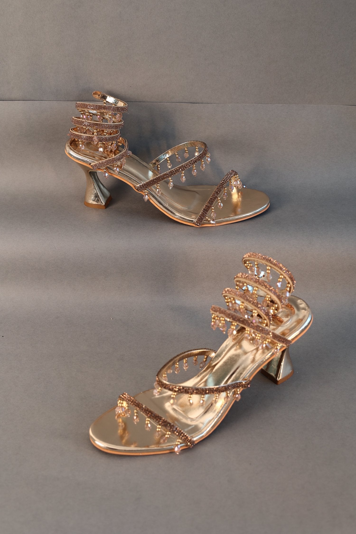 Open Toe Champagne Gold Spring with Emblishment Heel Sandal