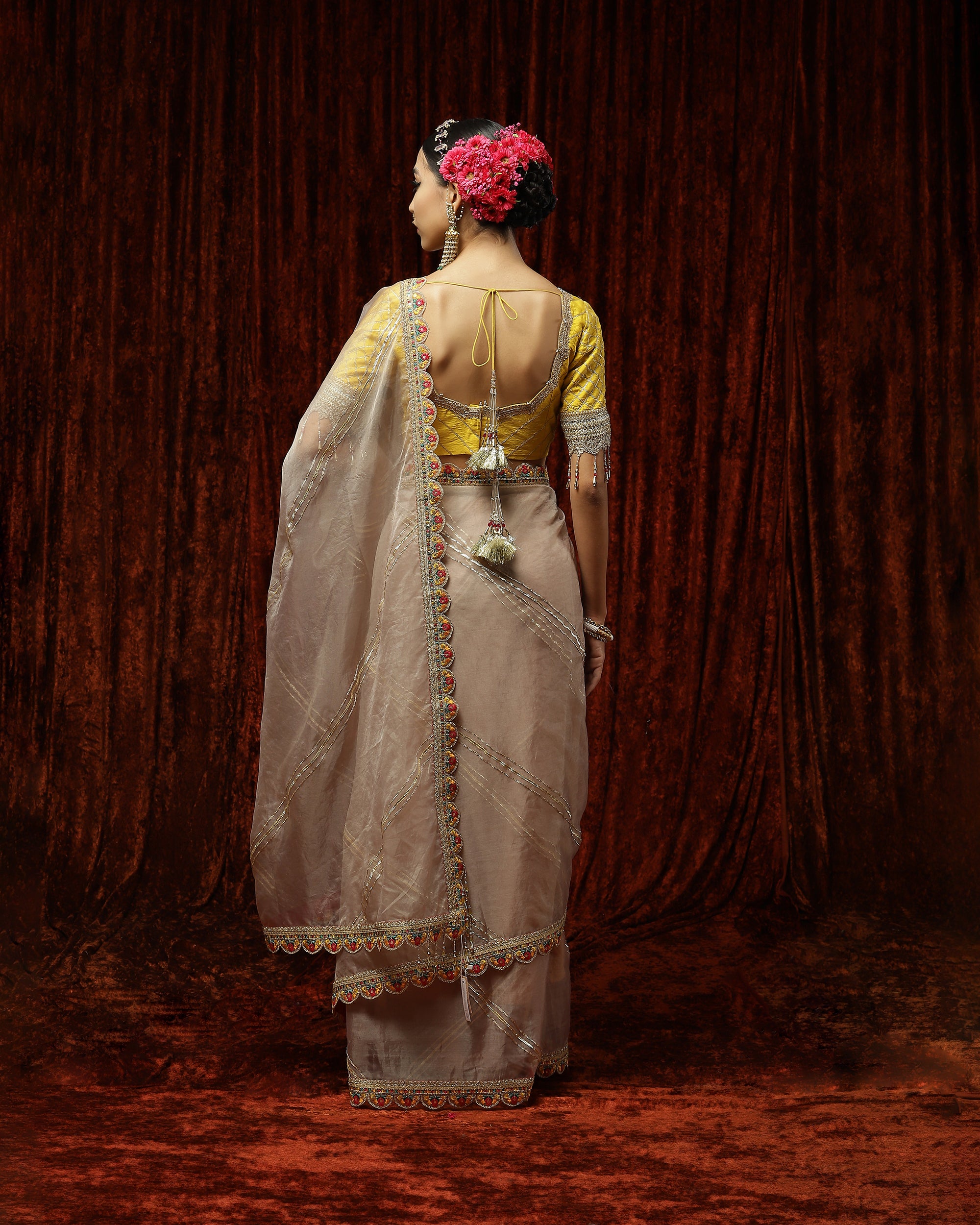 Mouse & Lime yellow Saree & Blouse Set