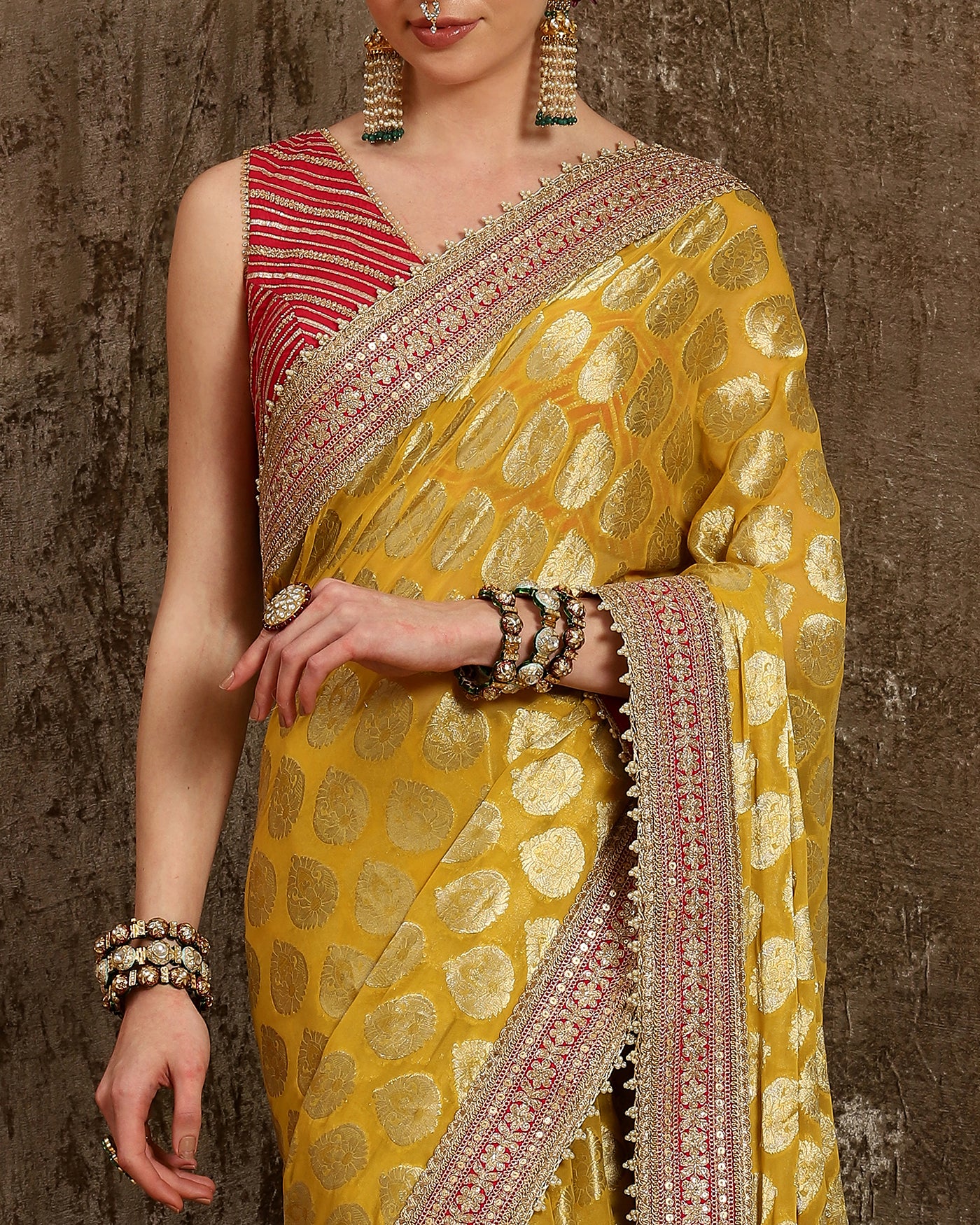 Yellow & Rani Pink Saree & Blouse Set