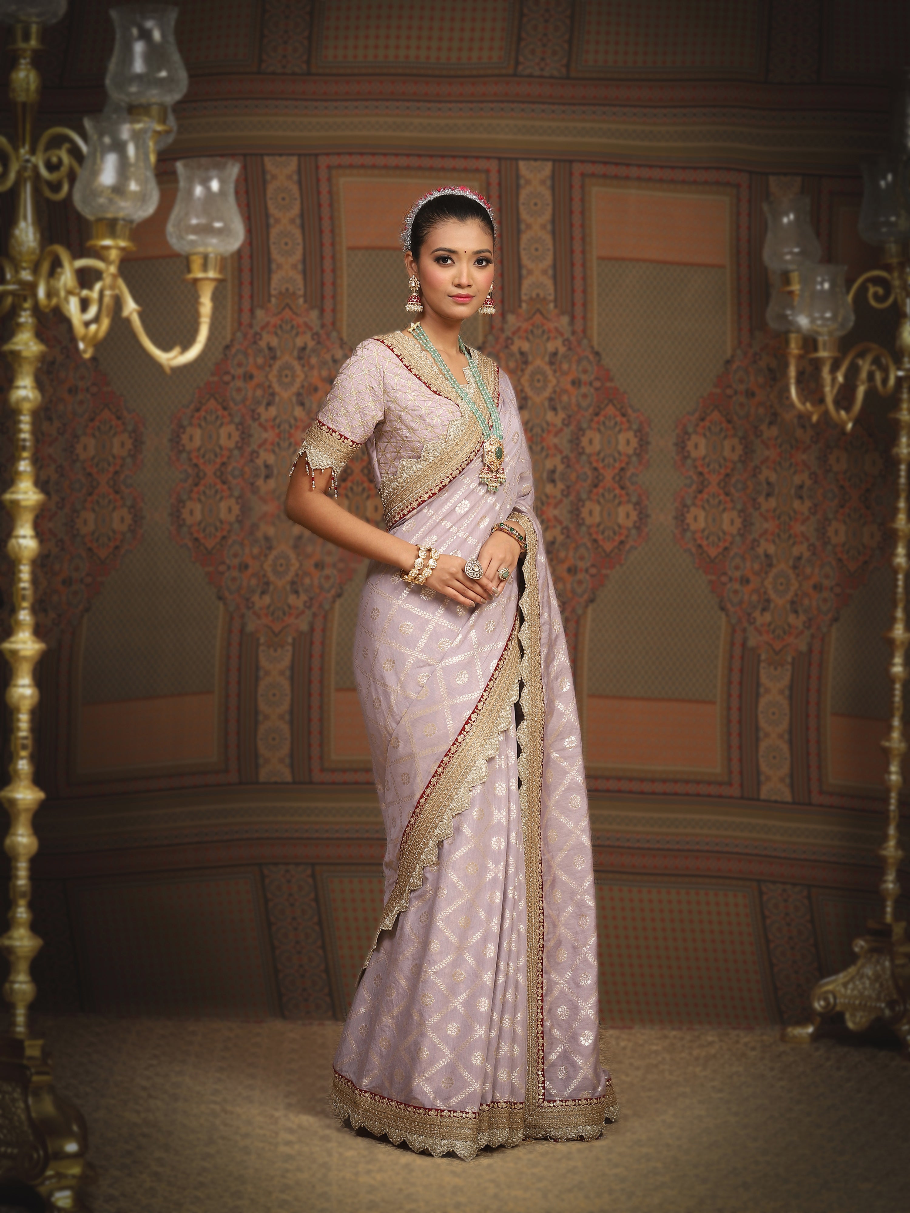 Lavender And Maroon Saree & Blouse Set