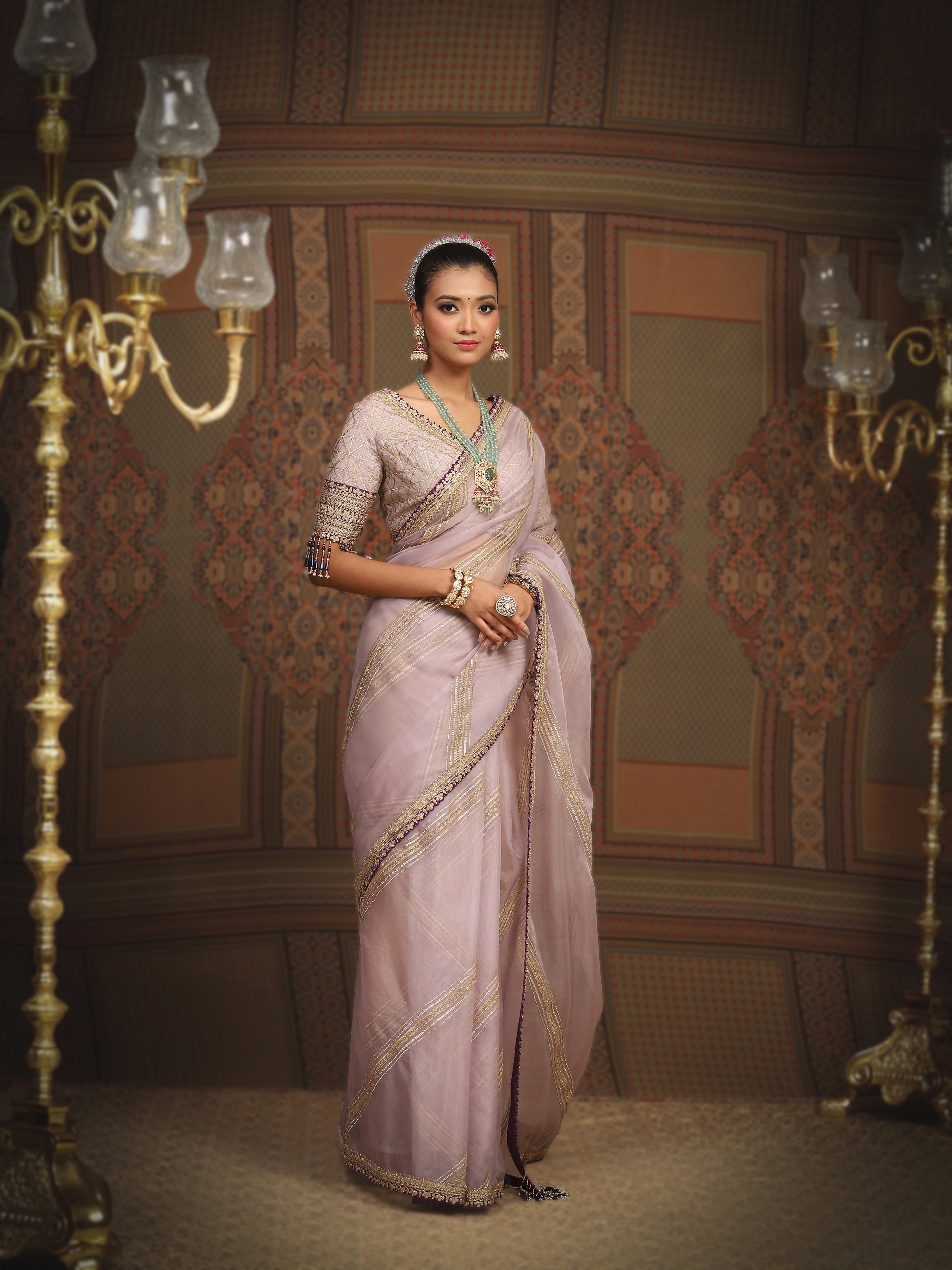 Light Purple And Dark Purple Saree & Blouse Set