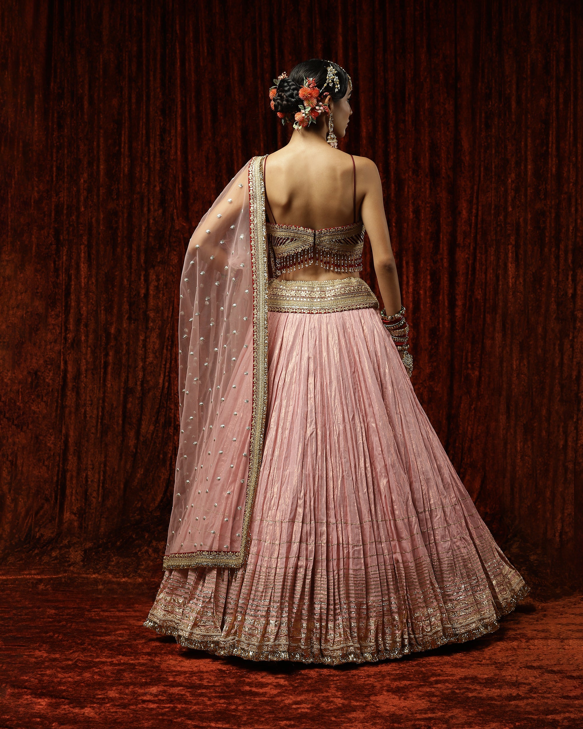 Salmon Pink & Maroon Crinkle Gota Lehenga Set