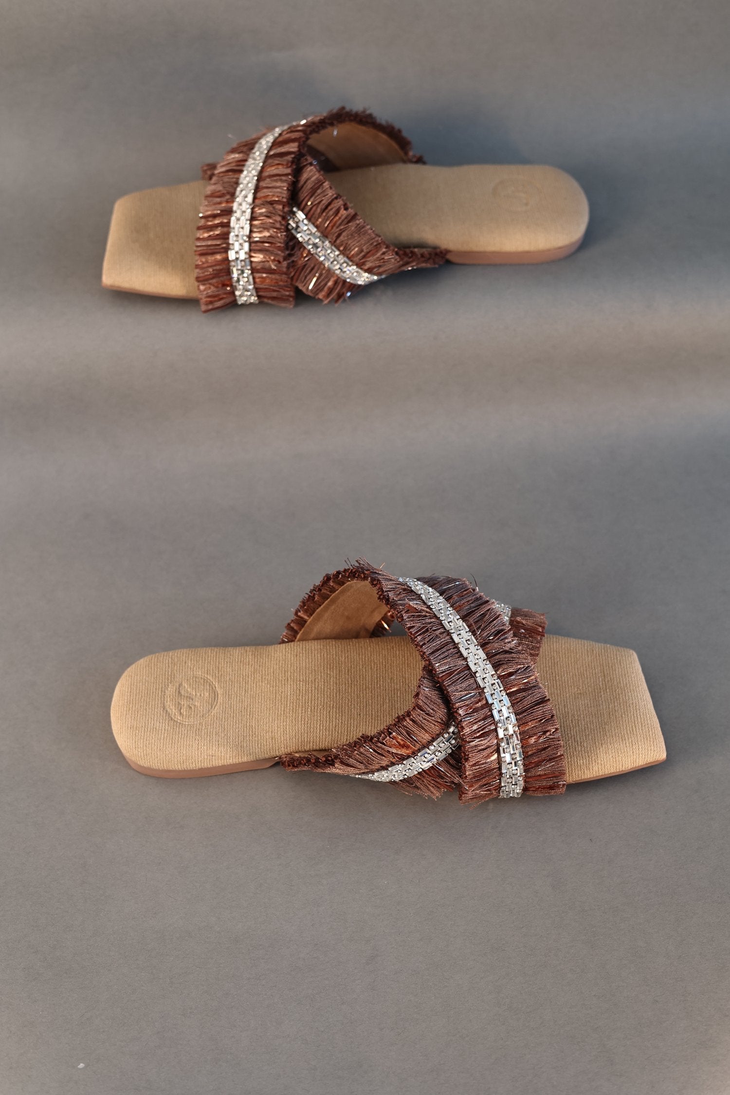 Women's Open Toe Brown Jute Frills Sliders Flat Sandal
