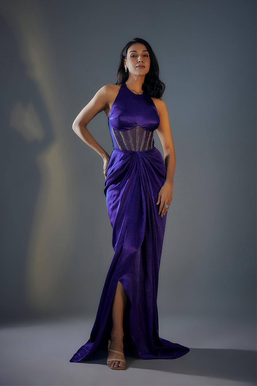 Blue Haulter Neck Embroidered Corset Gown