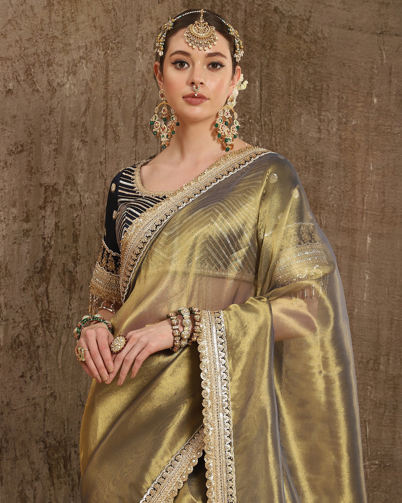 Navy Blue & Golden Metallic Tissue Saree & Blouse Set