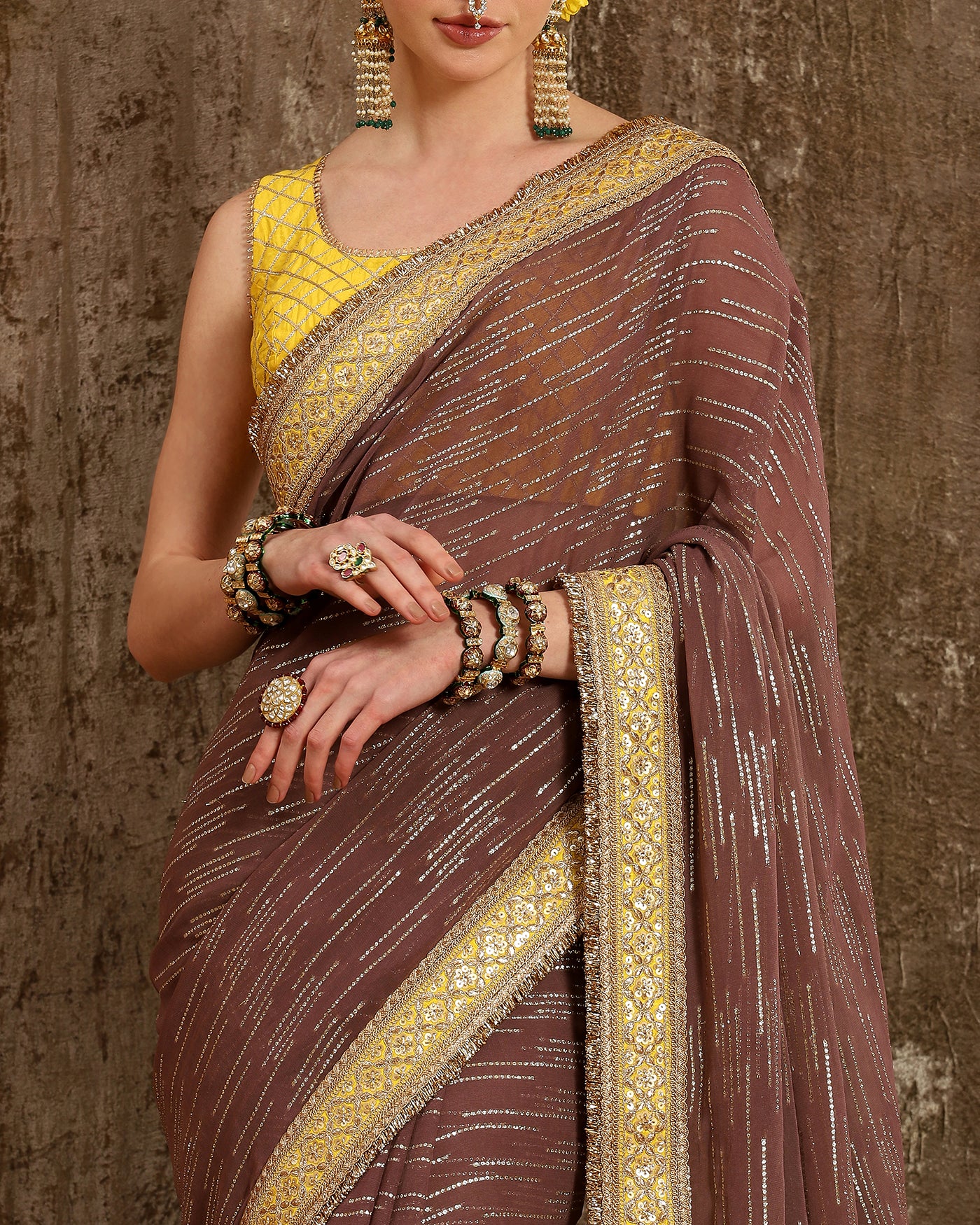 Mouse & Lime yellow Saree & Blouse Set