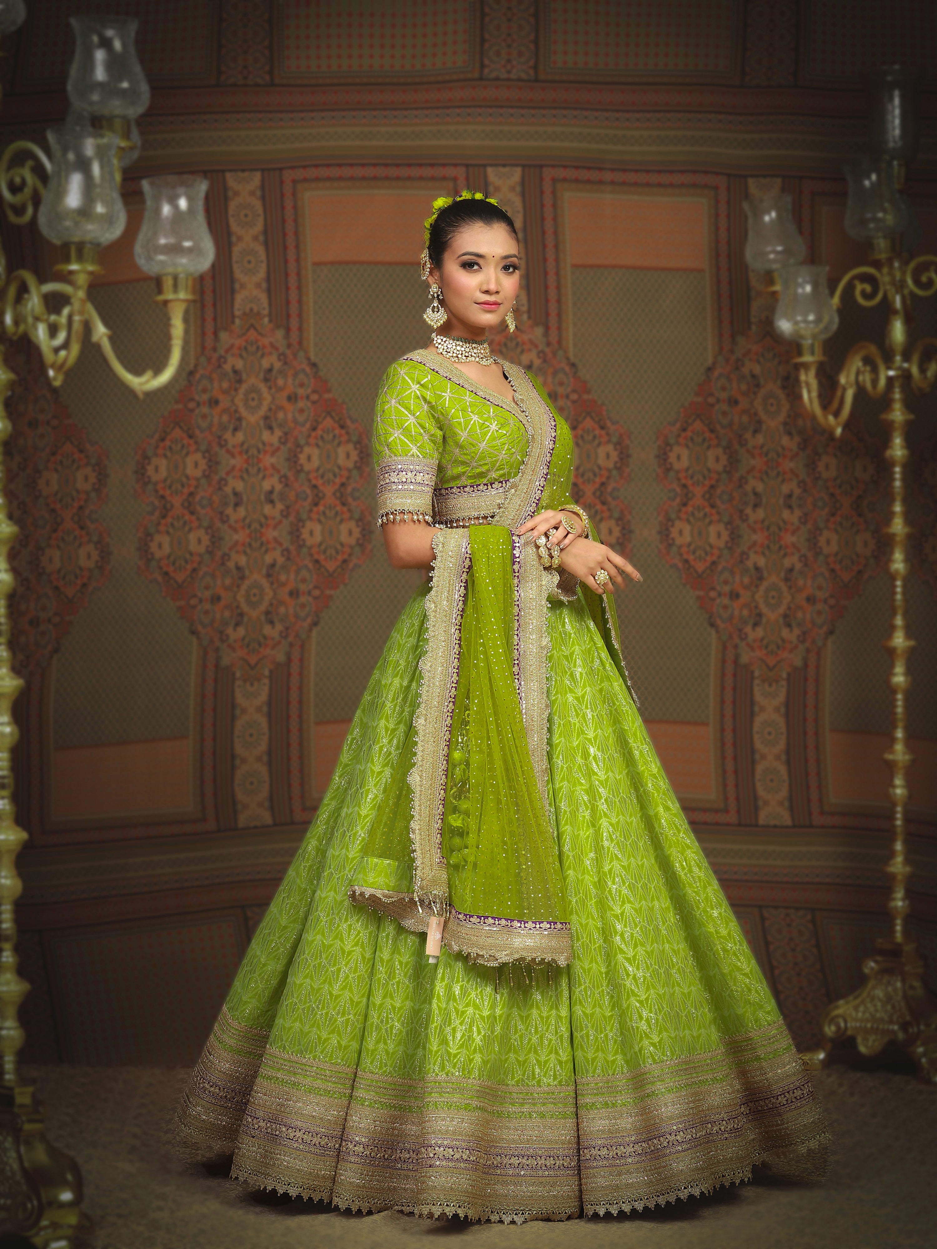 Lemon Green And Purple Lehenga Set