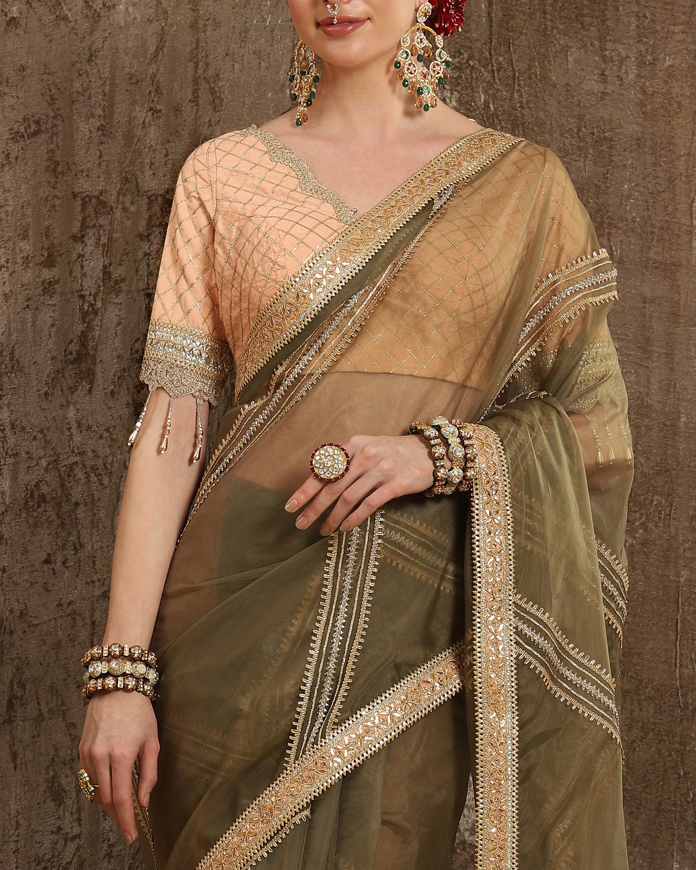 Mehandi & Peach Saree & Blouse Set