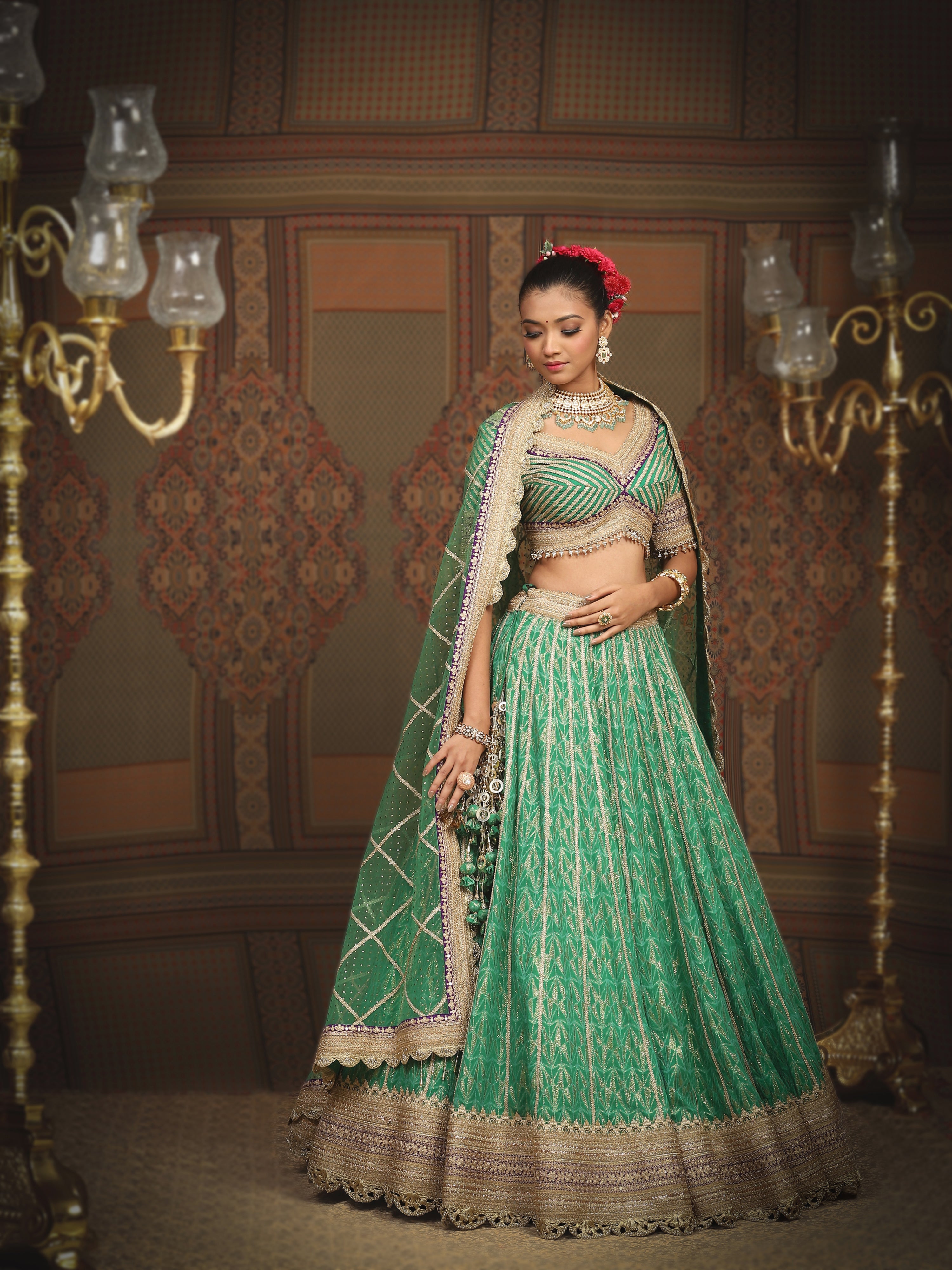 Green And Purple Lehenga Set