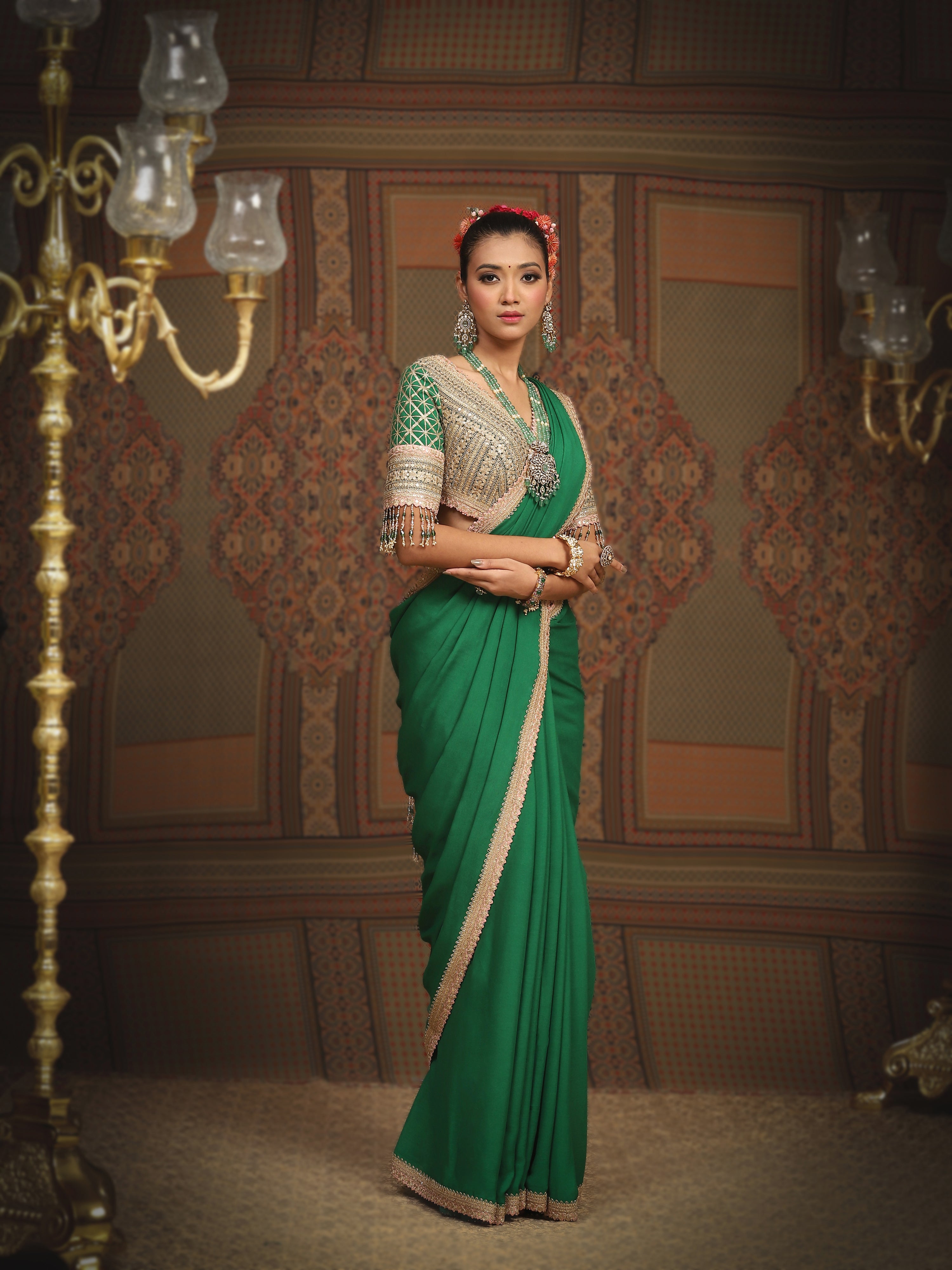 Emerald Green And Baby Pink Saree & Blouse Set