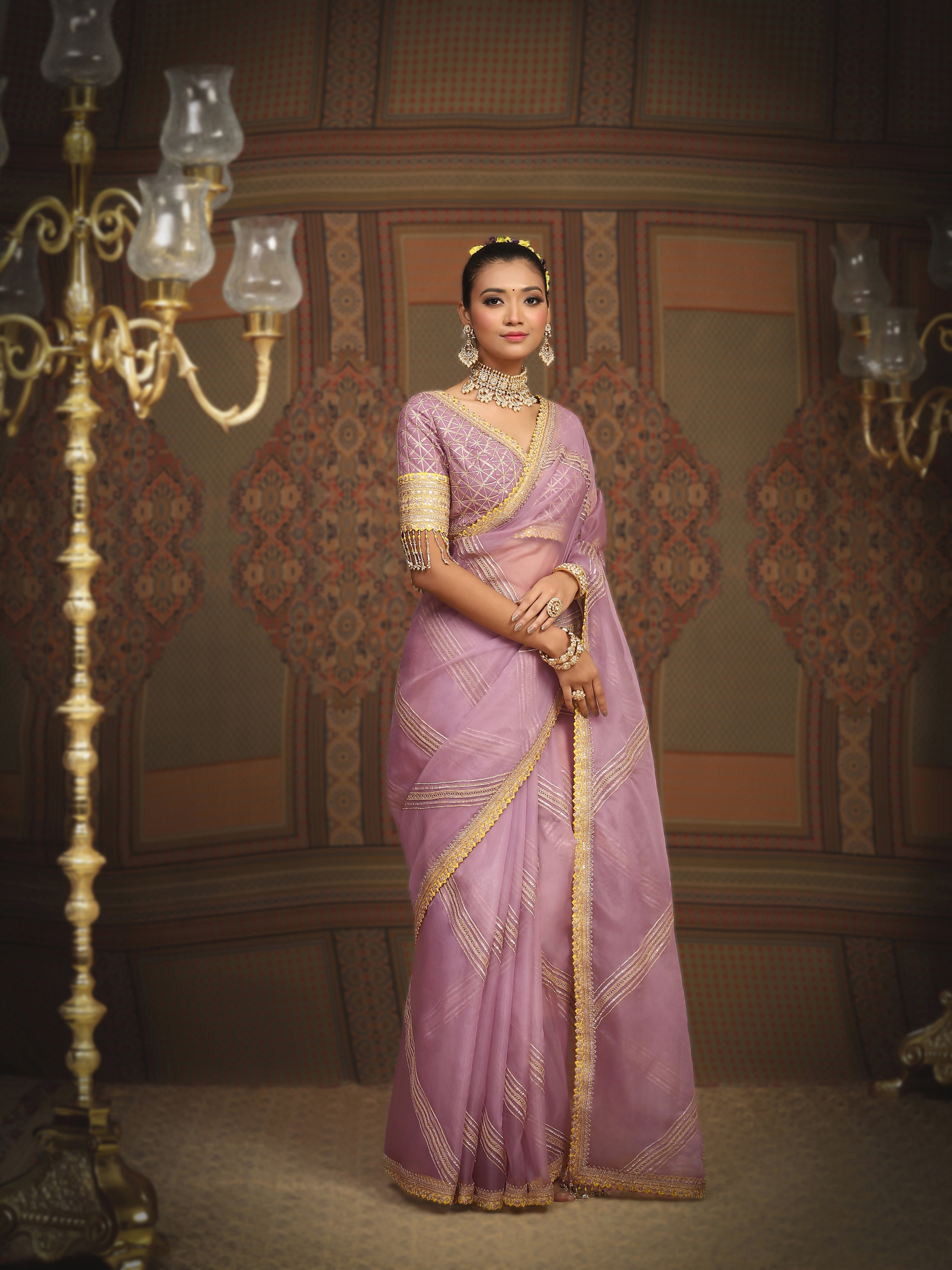 Lavender And Lemon Yellow Saree & Blouse Set