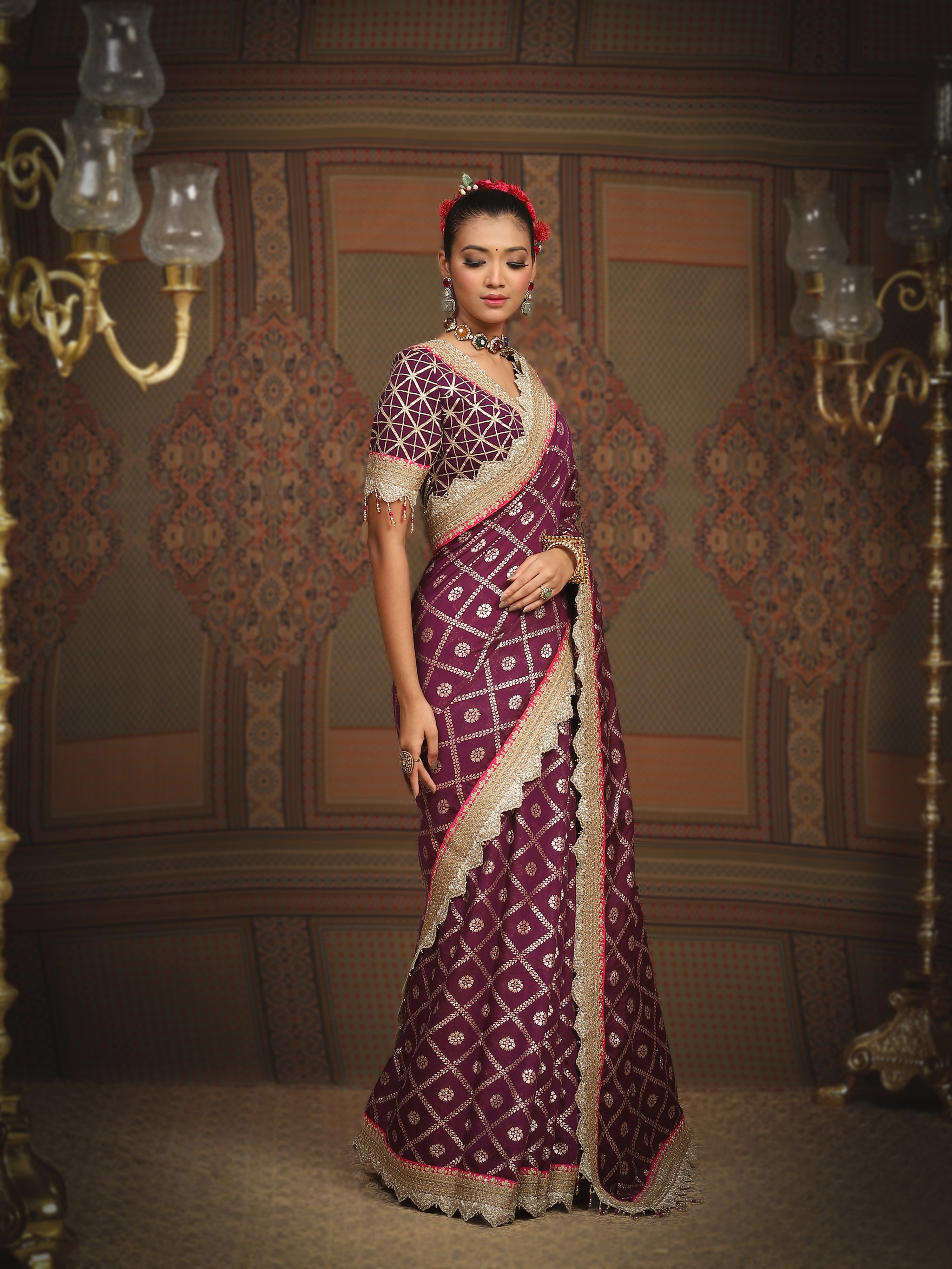 Dark Purple And Rani Pink Saree & Blouse Set