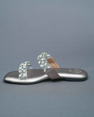 Open Toe Faux Leather Silver Carats Flats