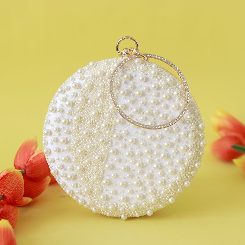 THE TAN CLAN Mukta All White Pearl Hand Embroidered Clutch