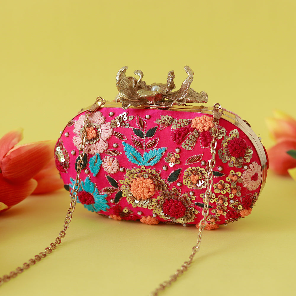 THE TAN CLAN Flora Resham Hand Embroidered Clutch